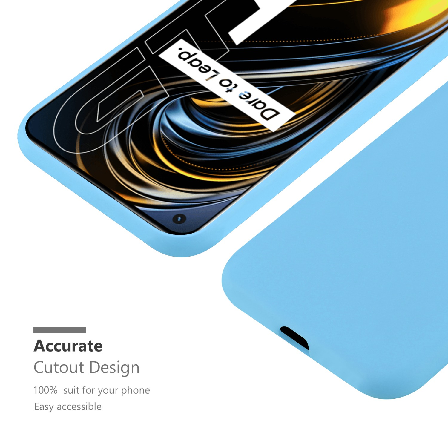 Blaue Handyhülle mit Aussparung. Nahaufnahme des Telefons und der Hülle. Der Text lautet präzises Ausschnittdesign.