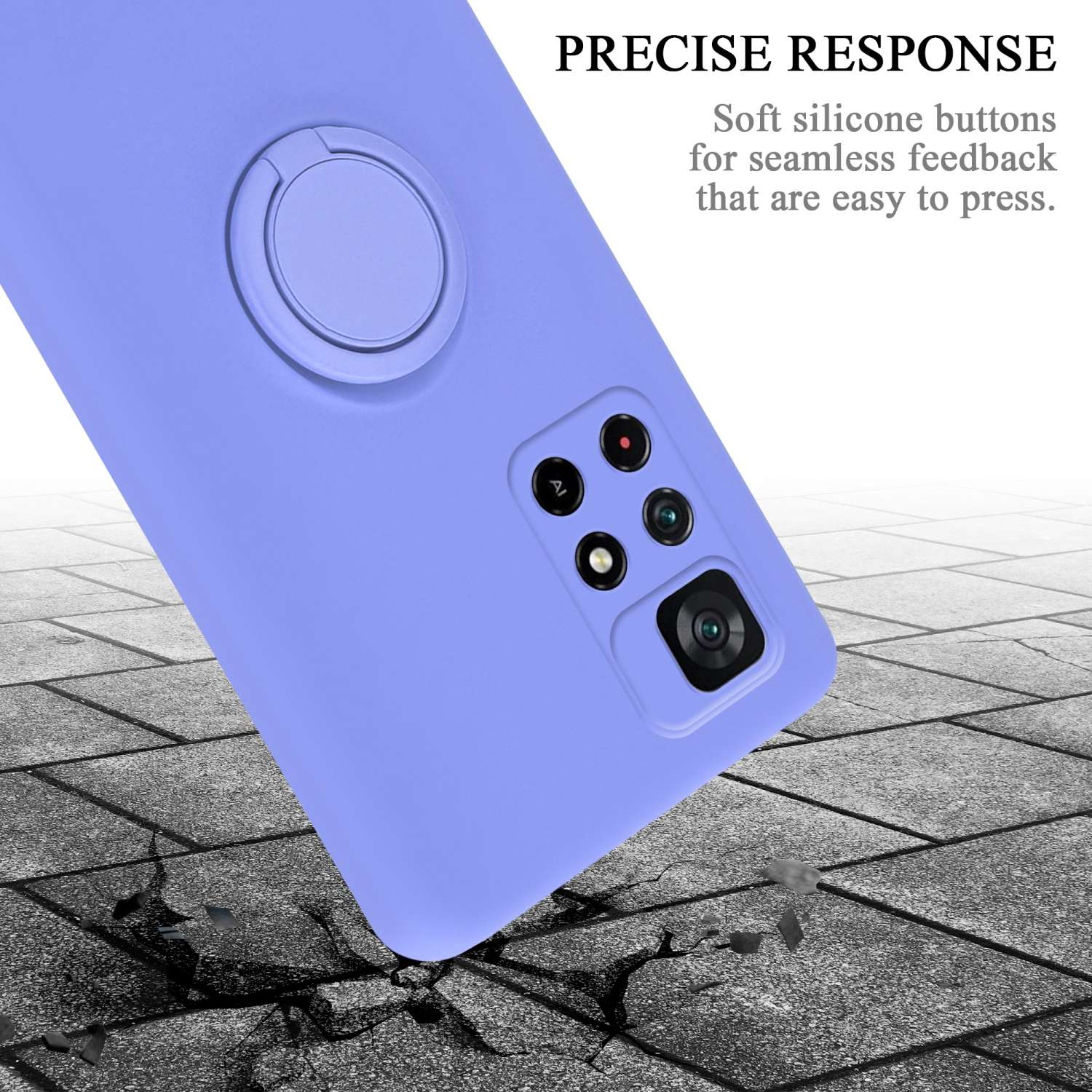 Custodia viola per telefono con fotocamera e anello. Testo: 'Risposta precisa'. Su una superficie strutturata.