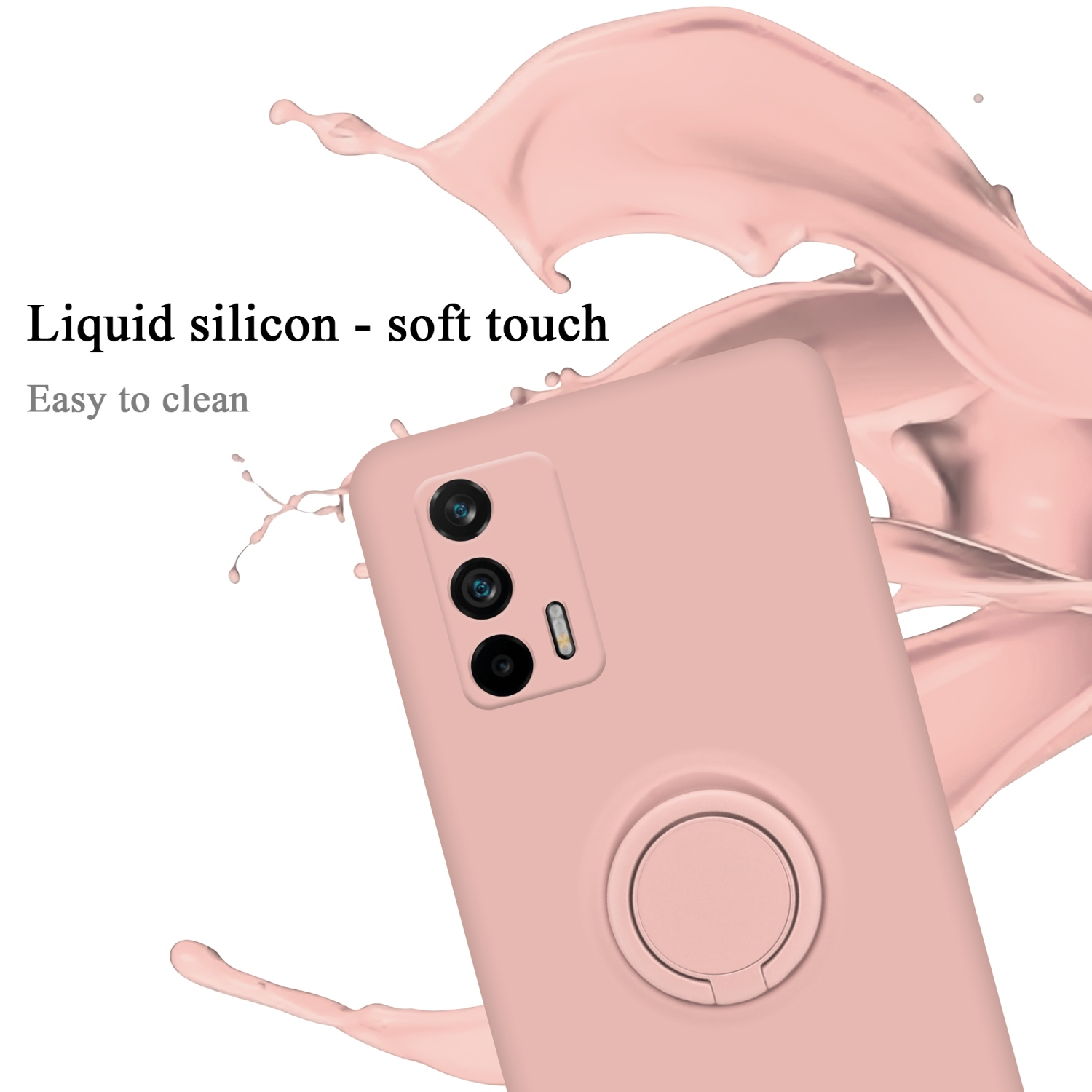 Custodia rosa per telefono con tre fotocamere. Sfondo: schizzi di liquido rosa.