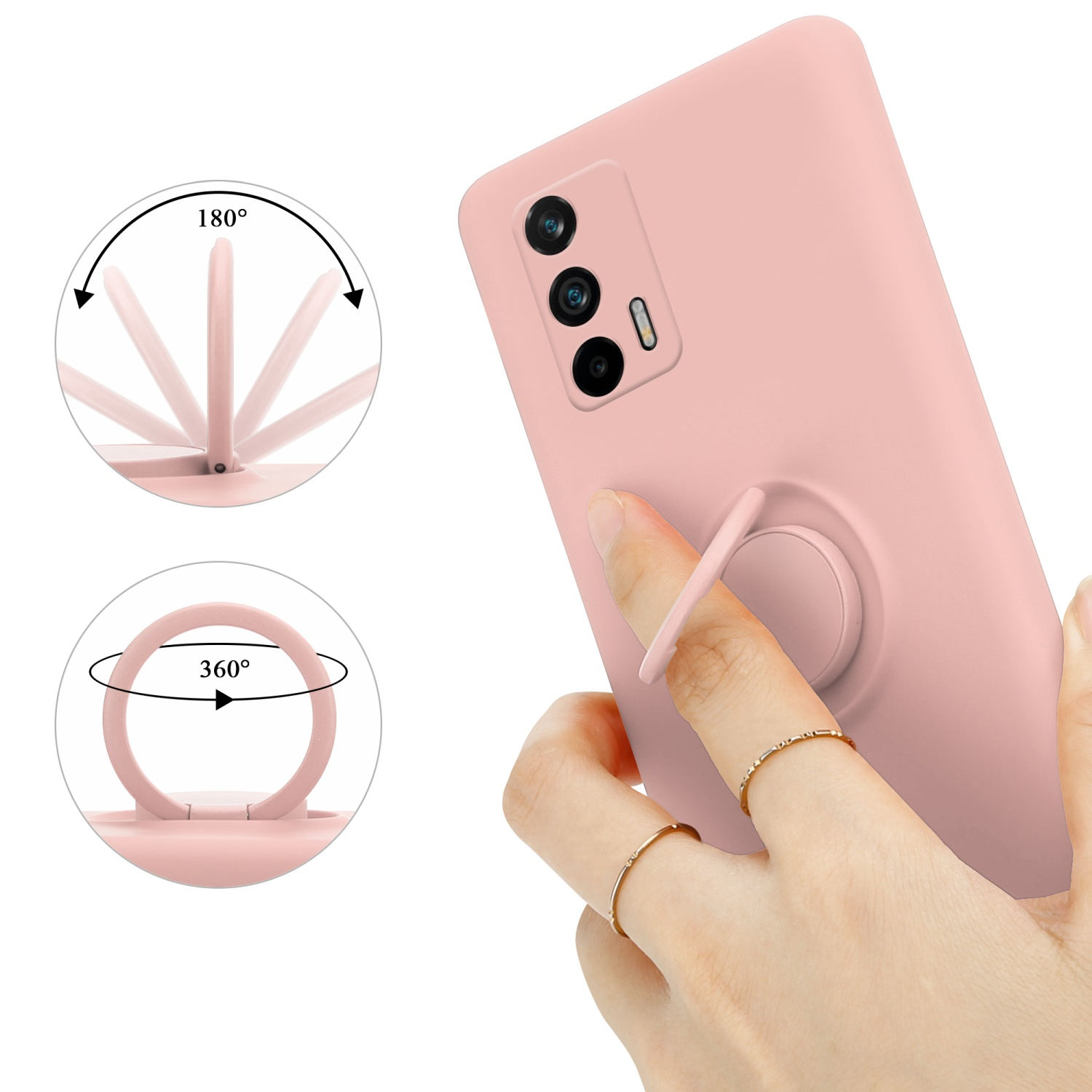 Custodia rosa con anello di supporto. L'anello può ruotare di 360 gradi e inclinarsi di 180 gradi.
