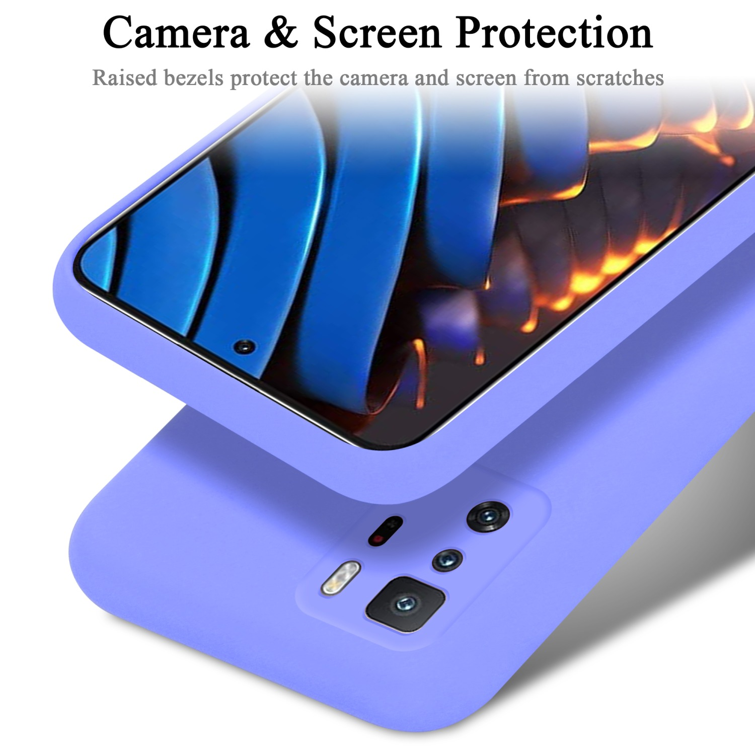 Eine lila Handyhülle mit einem Telefon darin. Kamera und Bildschirm sind geschützt. Blauer Bildschirm.