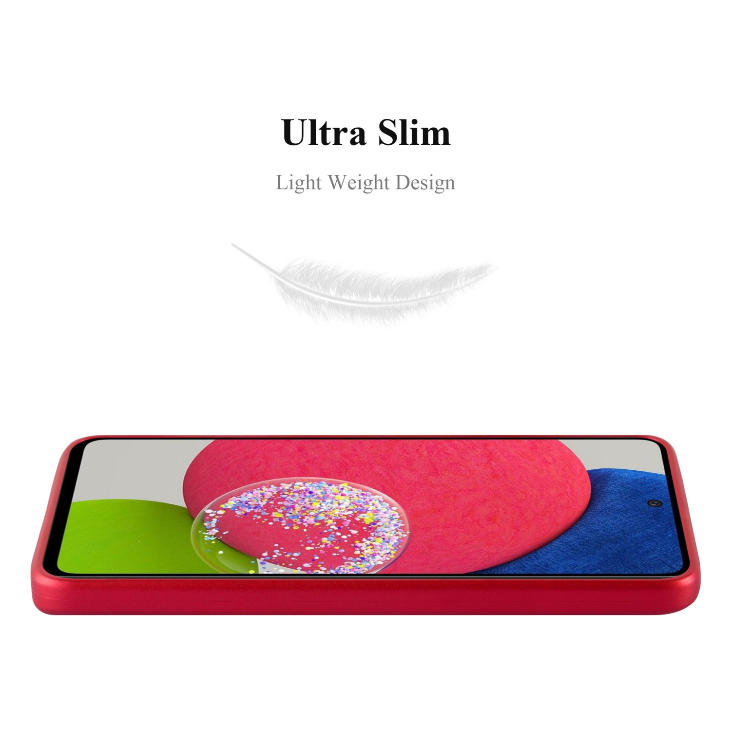Una custodia per telefono rossa. Una piuma è sullo sfondo. Il testo dice: Ultra Slim.