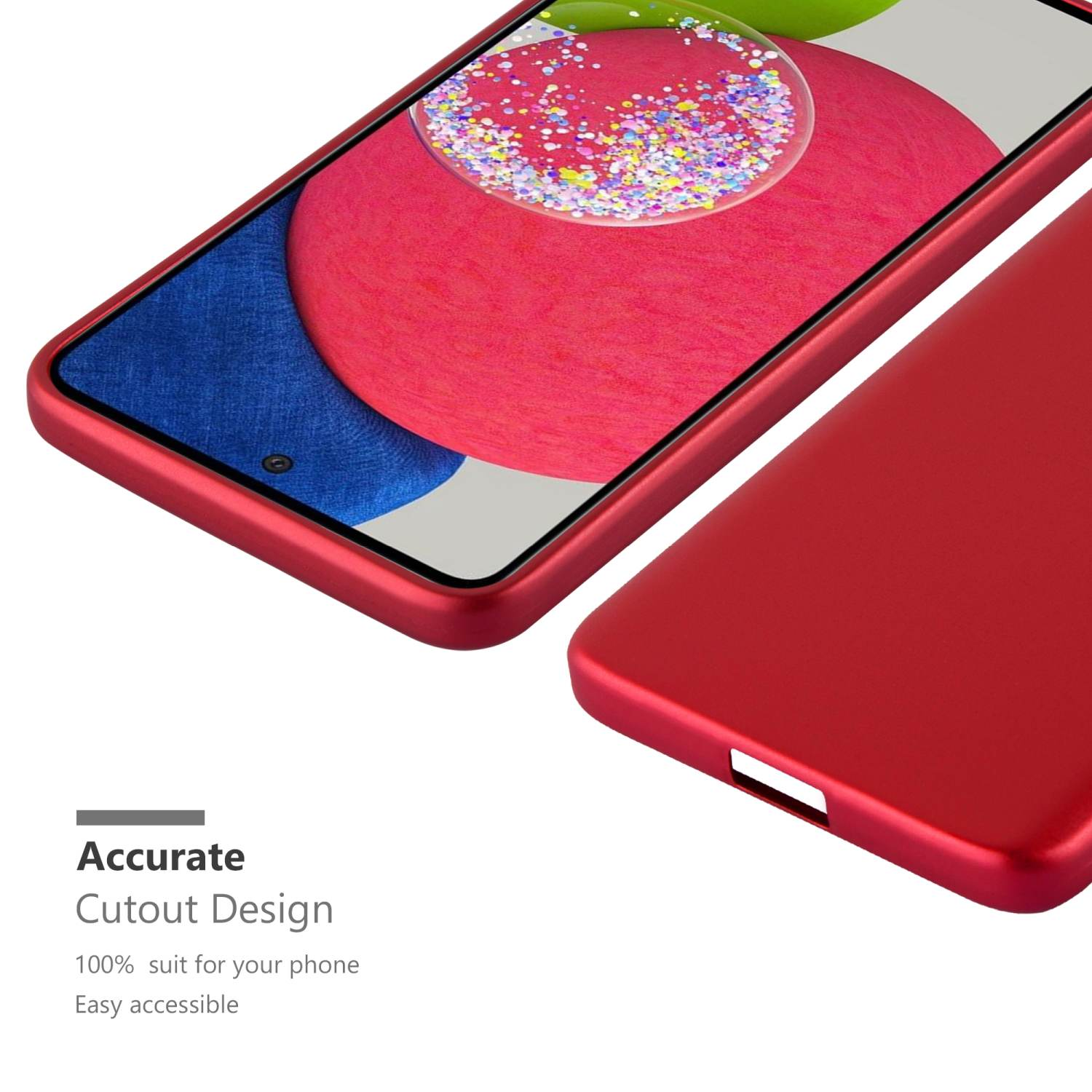 Custodia rossa per telefono con telefono. Il testo indica un design di ritaglio accurato.