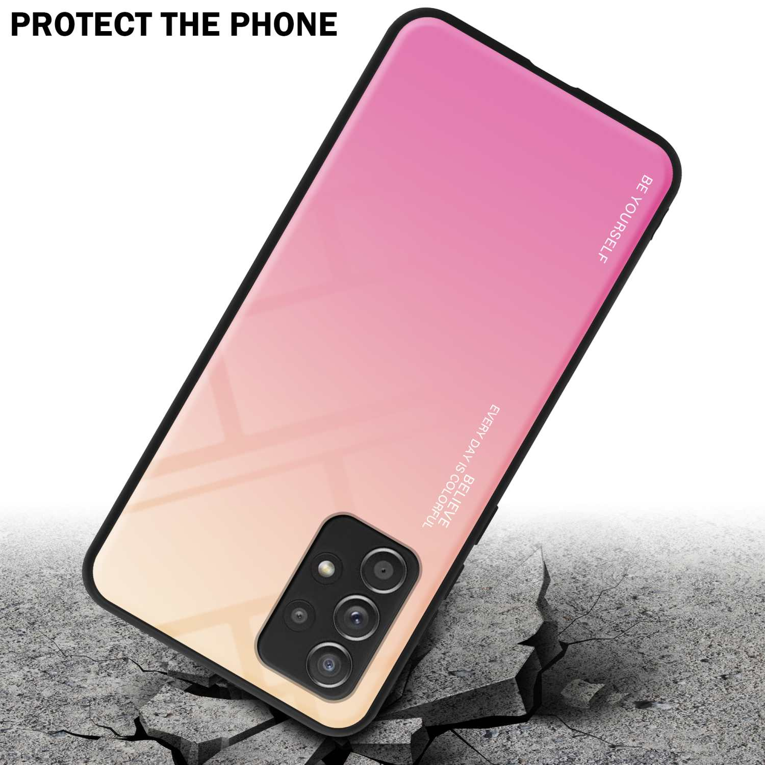Custodia per telefono con un colore sfumato e un telefono all'interno. La custodia protegge il telefono dagli urti.
