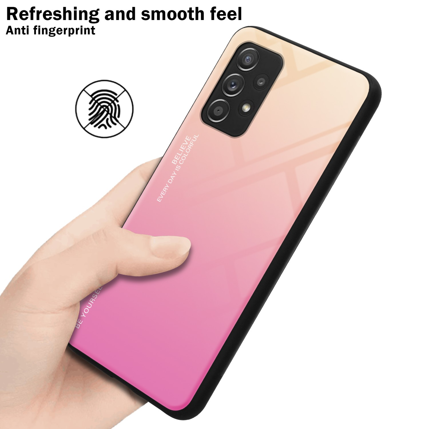 Una mano che tiene un telefono con un retro sfumato rosa e giallo. Testo: Refreshing and smooth feel.
