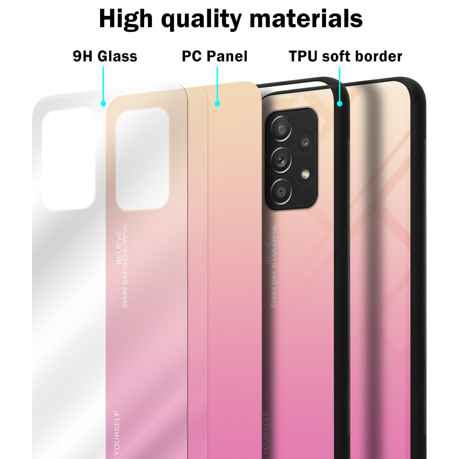 Strati dei componenti del telefono: vetro 9H, pannello PC, bordo morbido in TPU, con un design sfumato.