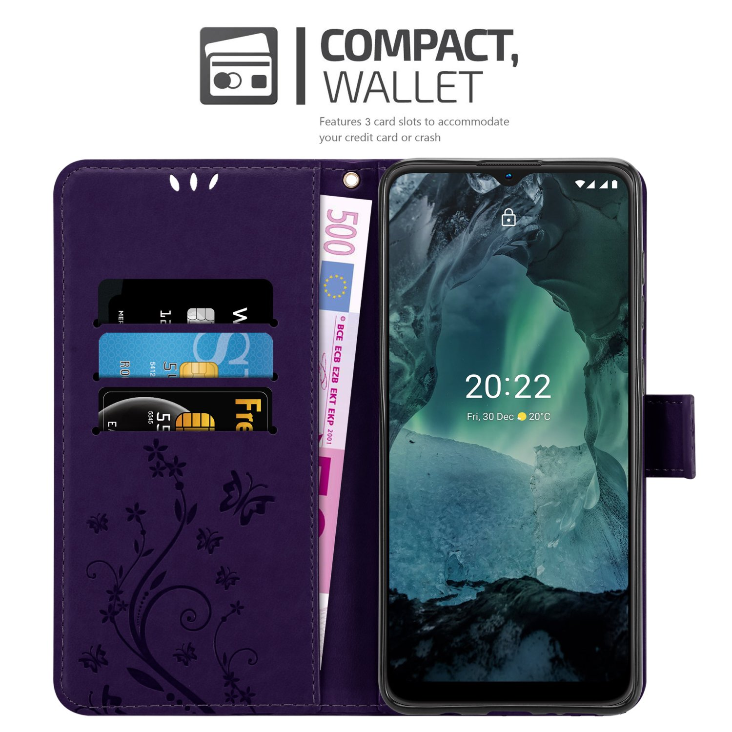 Custodia per telefono viola con fessure per carte e tasca per soldi. Un telefono è sul lato destro.