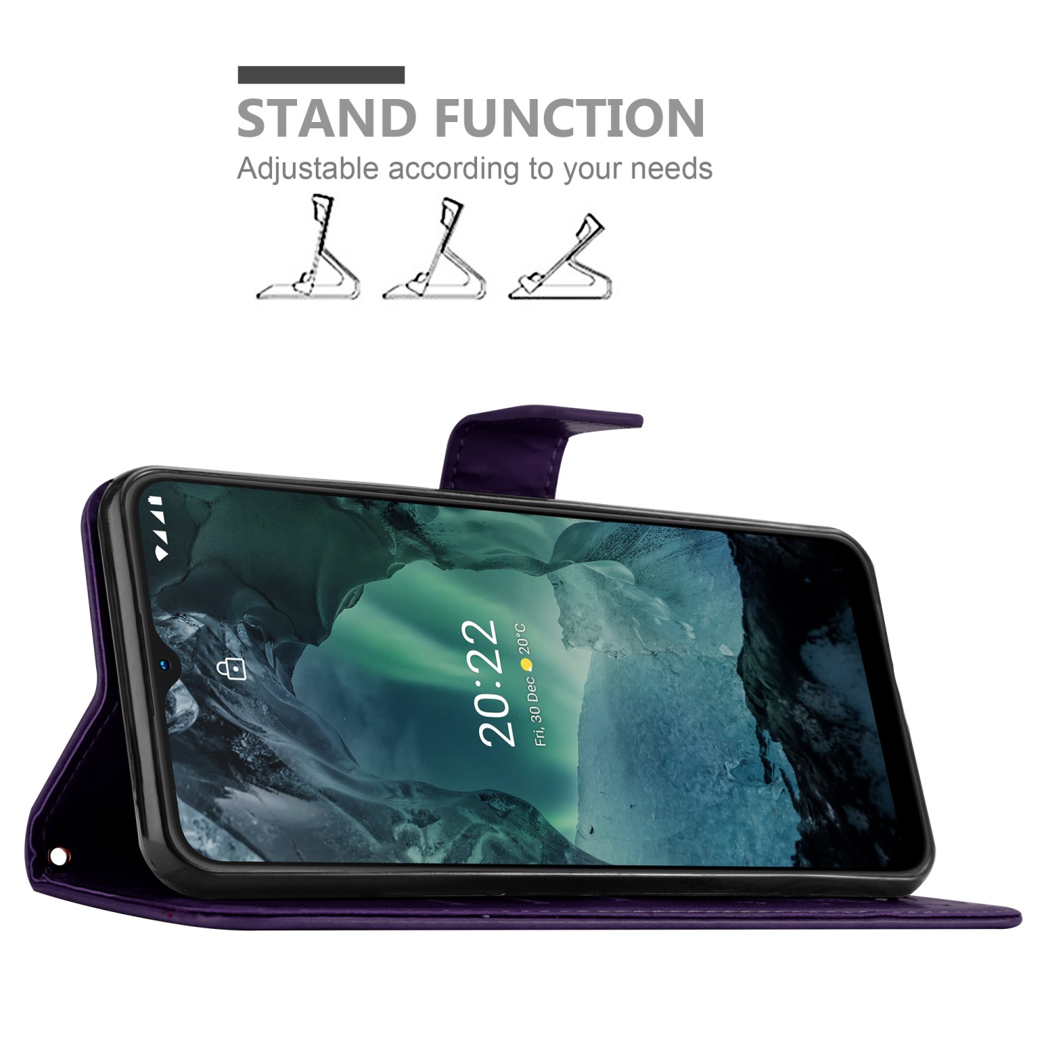 Custodia viola con telefono, funzione stand e angoli regolabili.