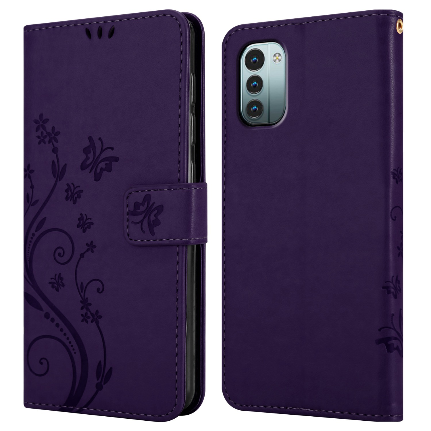 Una custodia per telefono viola con un design floreale. Che mostra un telefono all'interno. La custodia è aperta a destra, il telefono a sinistra.