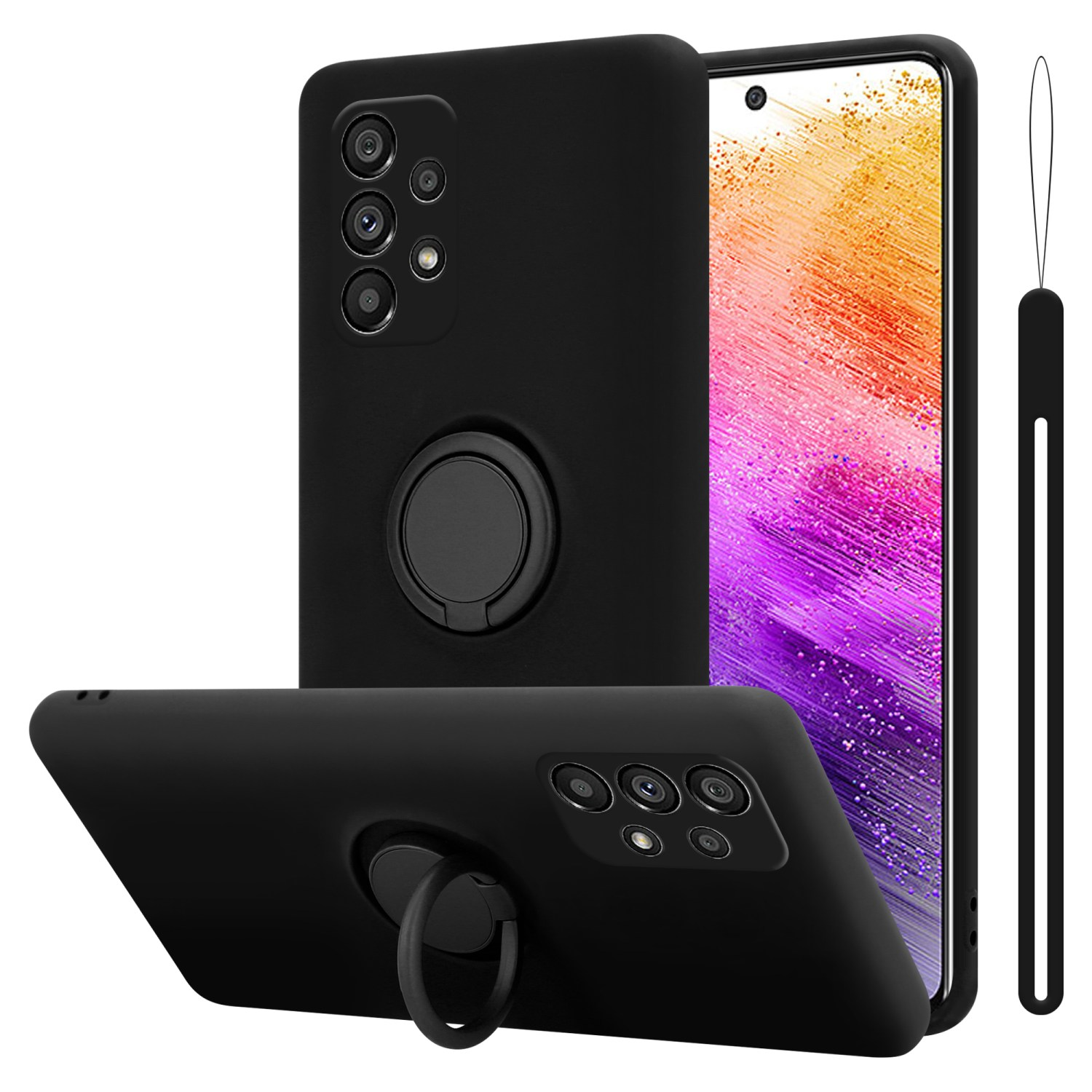 Custodia nera per telefono con supporto ad anello, che mostra un telefono con display colorato.