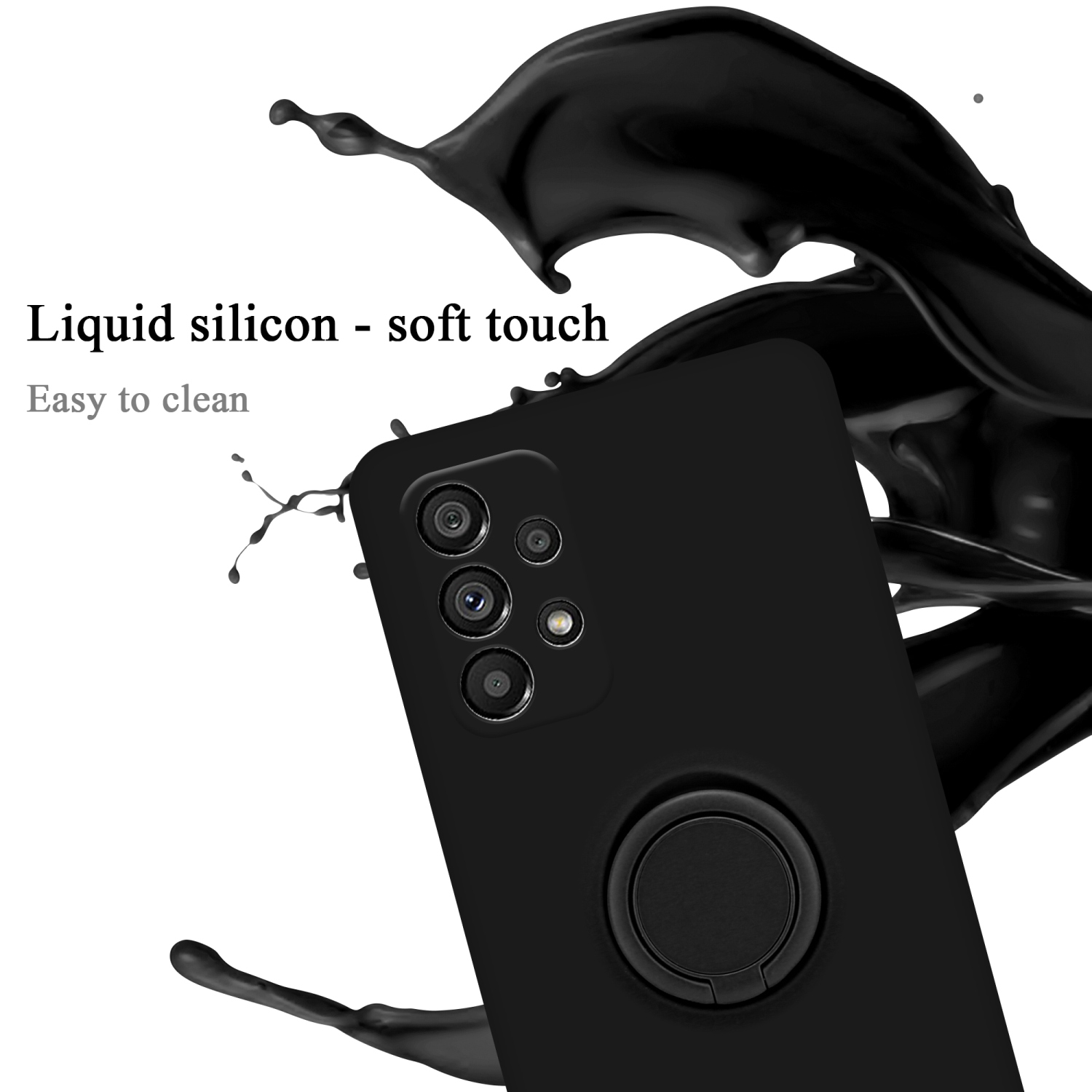 Una custodia per telefono nera con un porta anello, con schizzi di liquido nero. Il testo dice Silicone liquido - tocco morbido.
