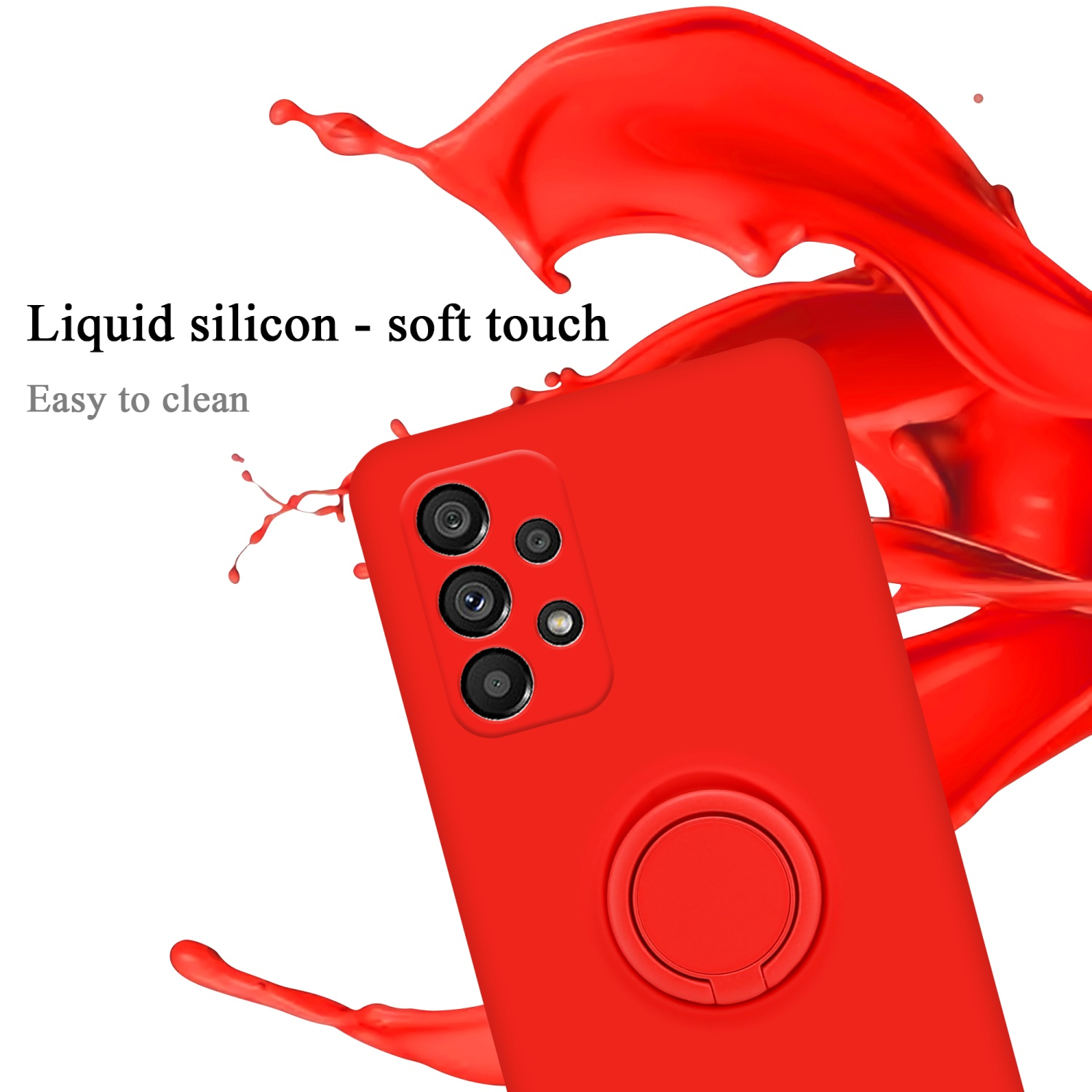 Custodia per telefono rossa con un supporto ad anello. Uno schizzo rosso sullo sfondo. Facile da pulire.