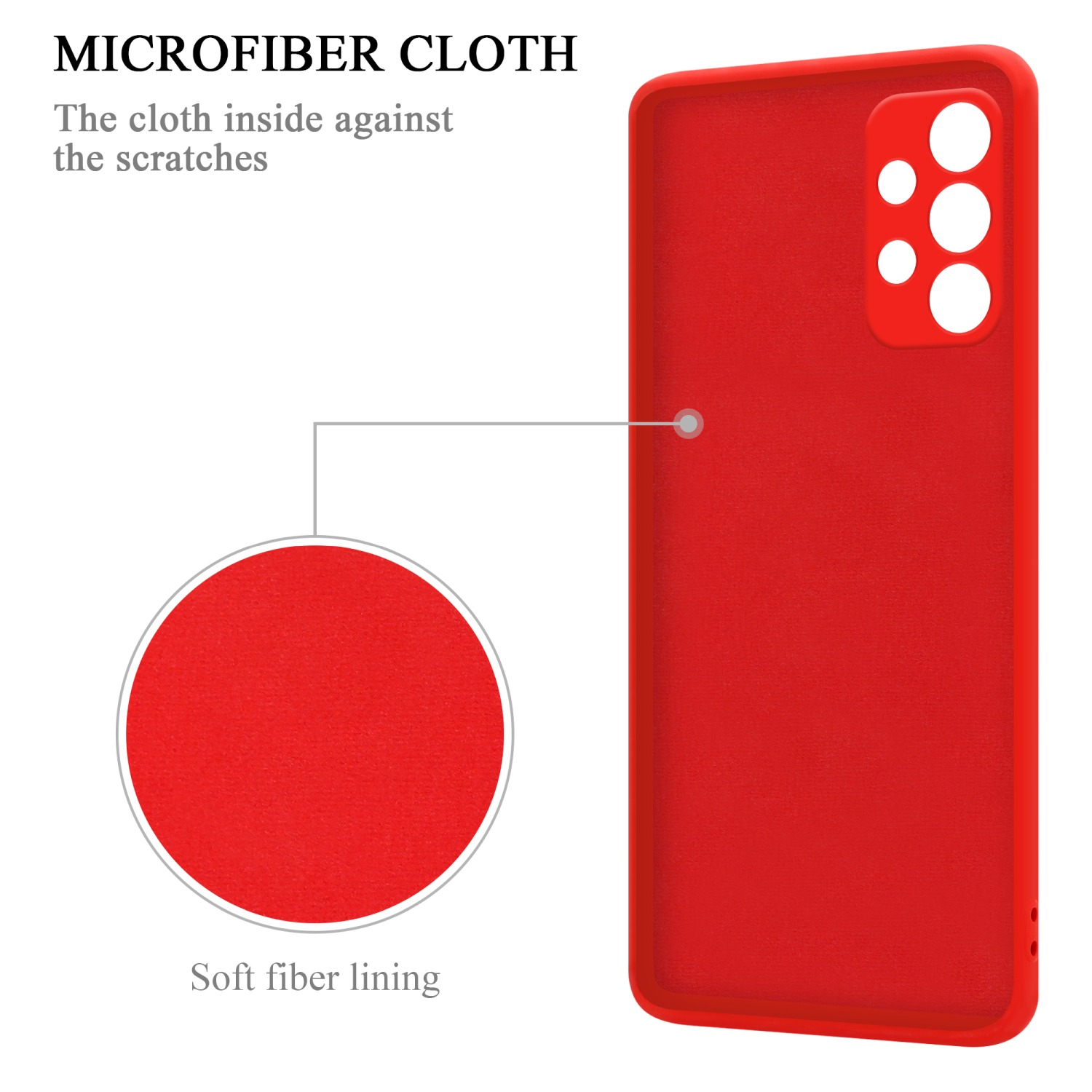 Interno della custodia rossa, panno in microfibra. Fodera in fibra morbida. Sfondo bianco.