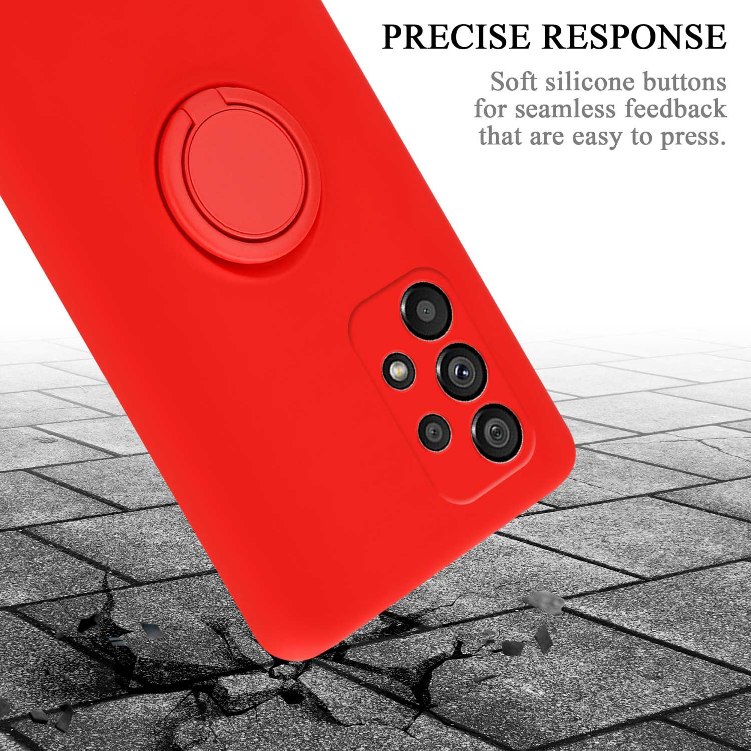 Custodia rossa per telefono con telefono e anello di supporto. Il testo indica risposta precisa e pulsanti in silicone morbido.