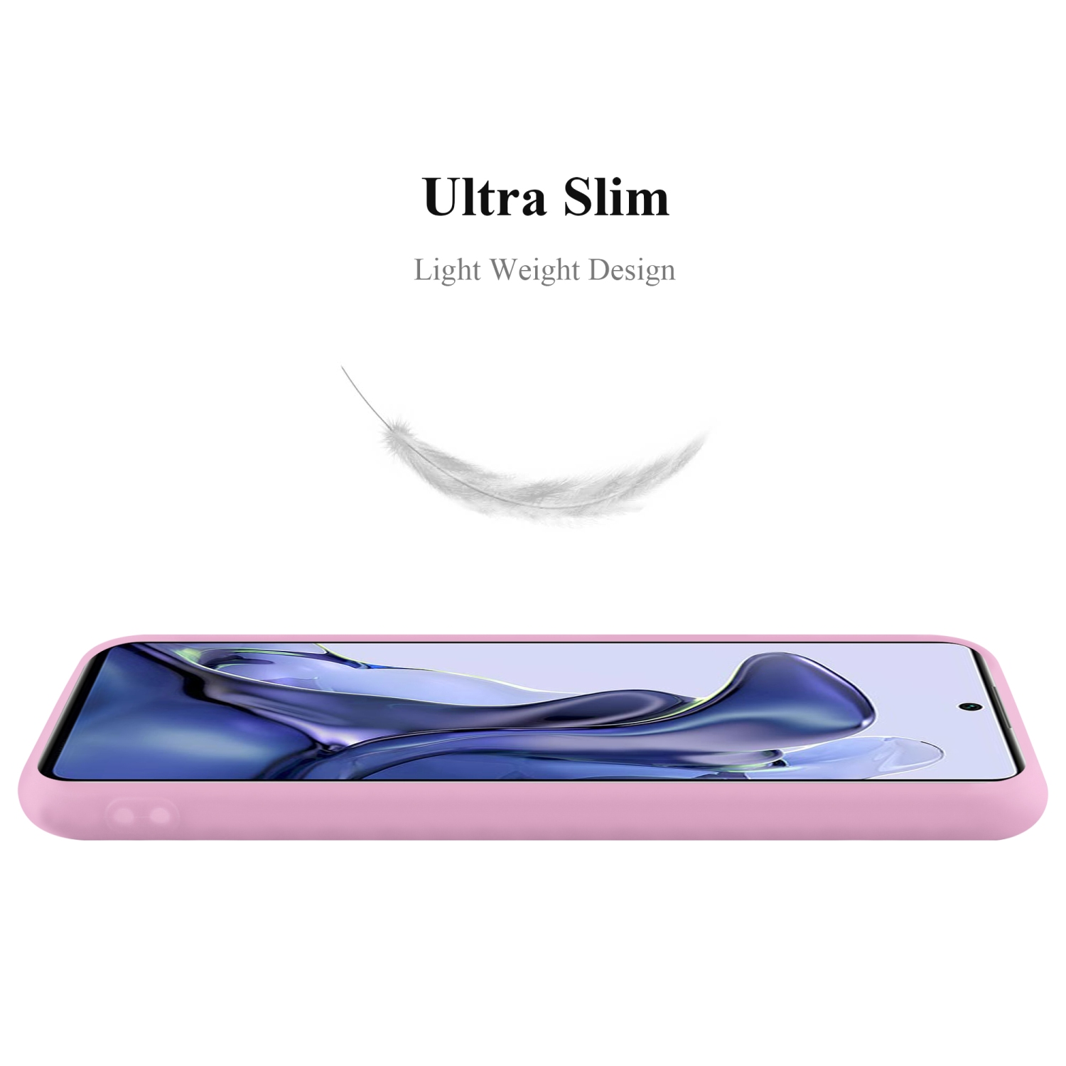 Eine rosa Handyhülle. Eine Feder schwebt darüber. Das Telefon ist schwarz.