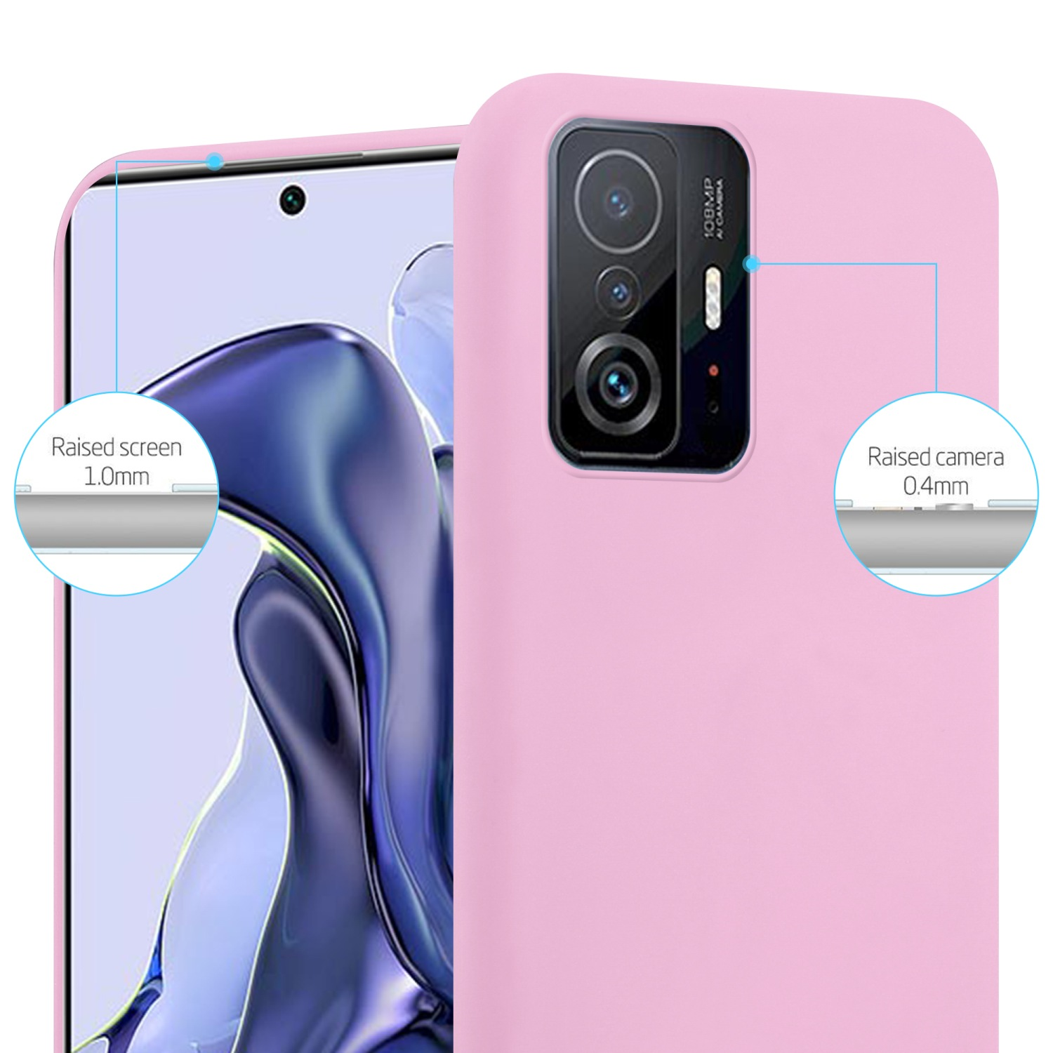 Rosa Handyhülle mit Telefon, Diagramme zeigen erhöhten Bildschirm und Kamera.