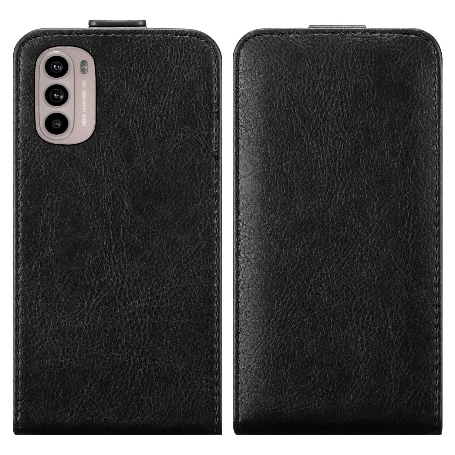 Custodia per telefono in pelle nera aperta e chiusa. La custodia aperta rivela la fotocamera del telefono.