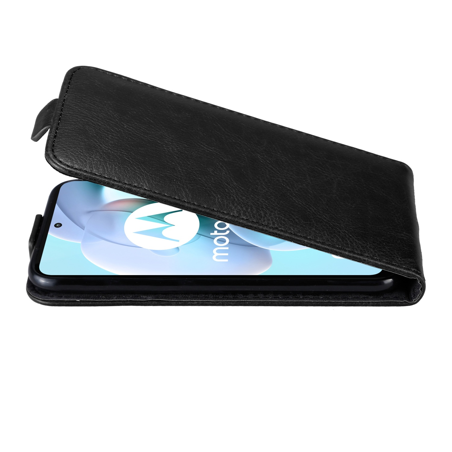 Custodia per telefono nera, aperta. Il telefono è all'interno. Il telefono ha un logo Motorola bianco.