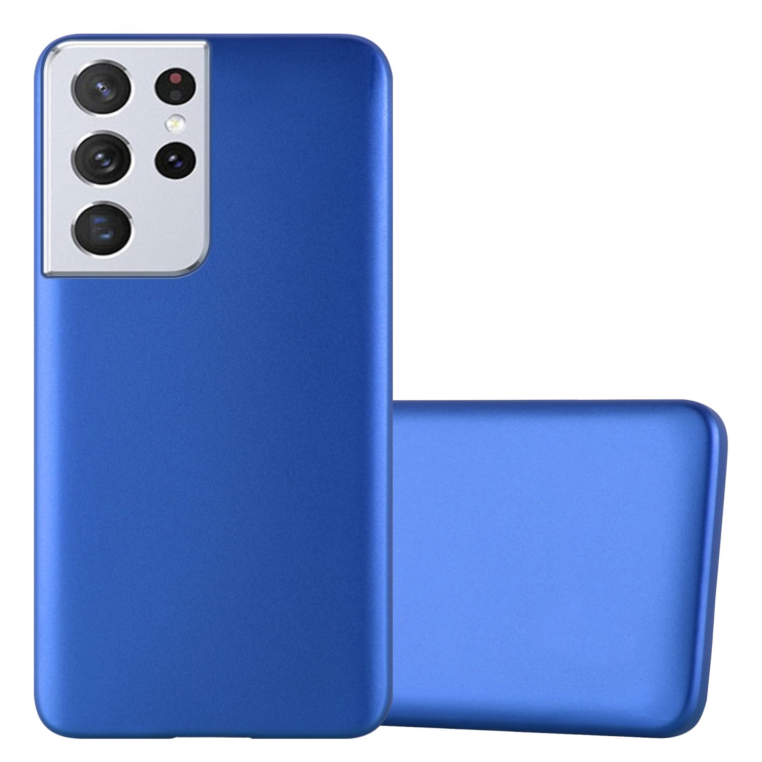 Custodie blu. Due custodie sono poste su sfondo bianco.