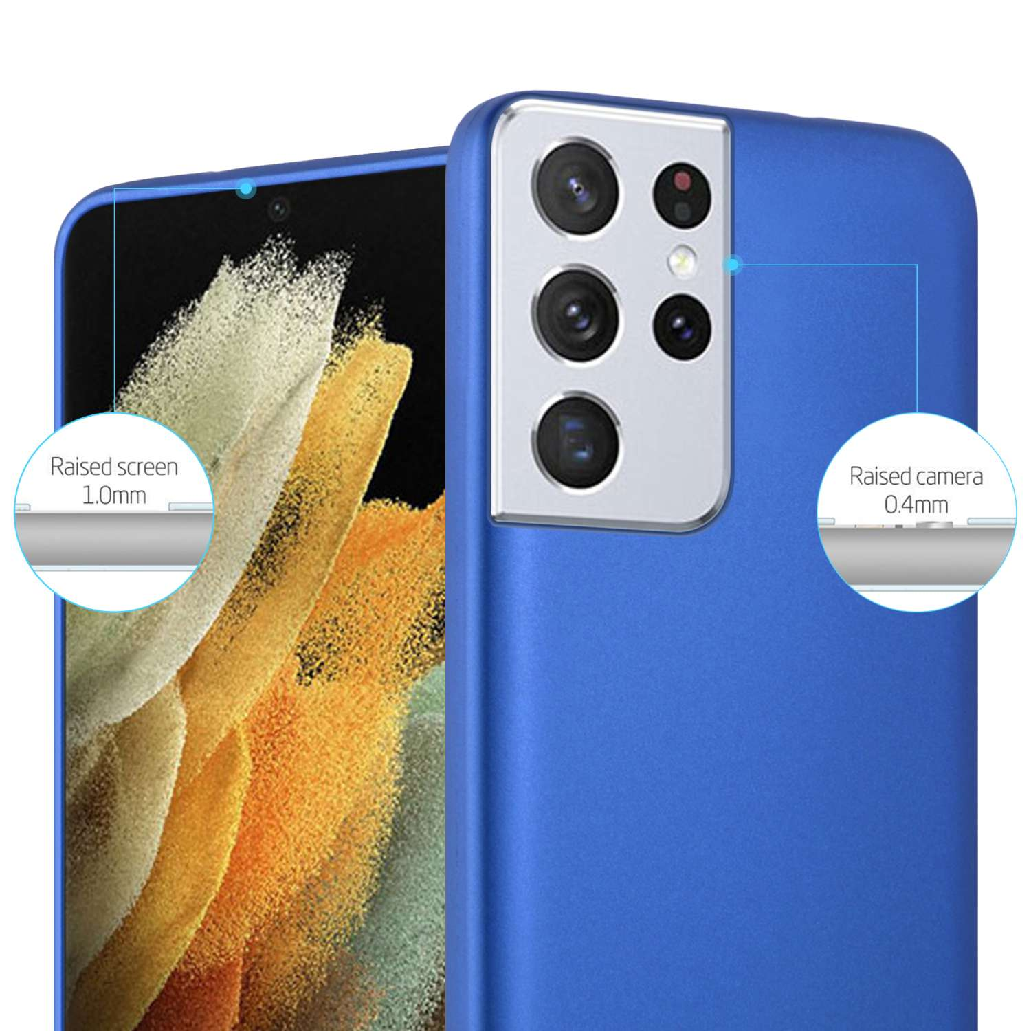 Custodia blu per telefono con dettagli in primo piano che mostrano bordi rialzati dello schermo e della fotocamera, con testo e diagrammi.