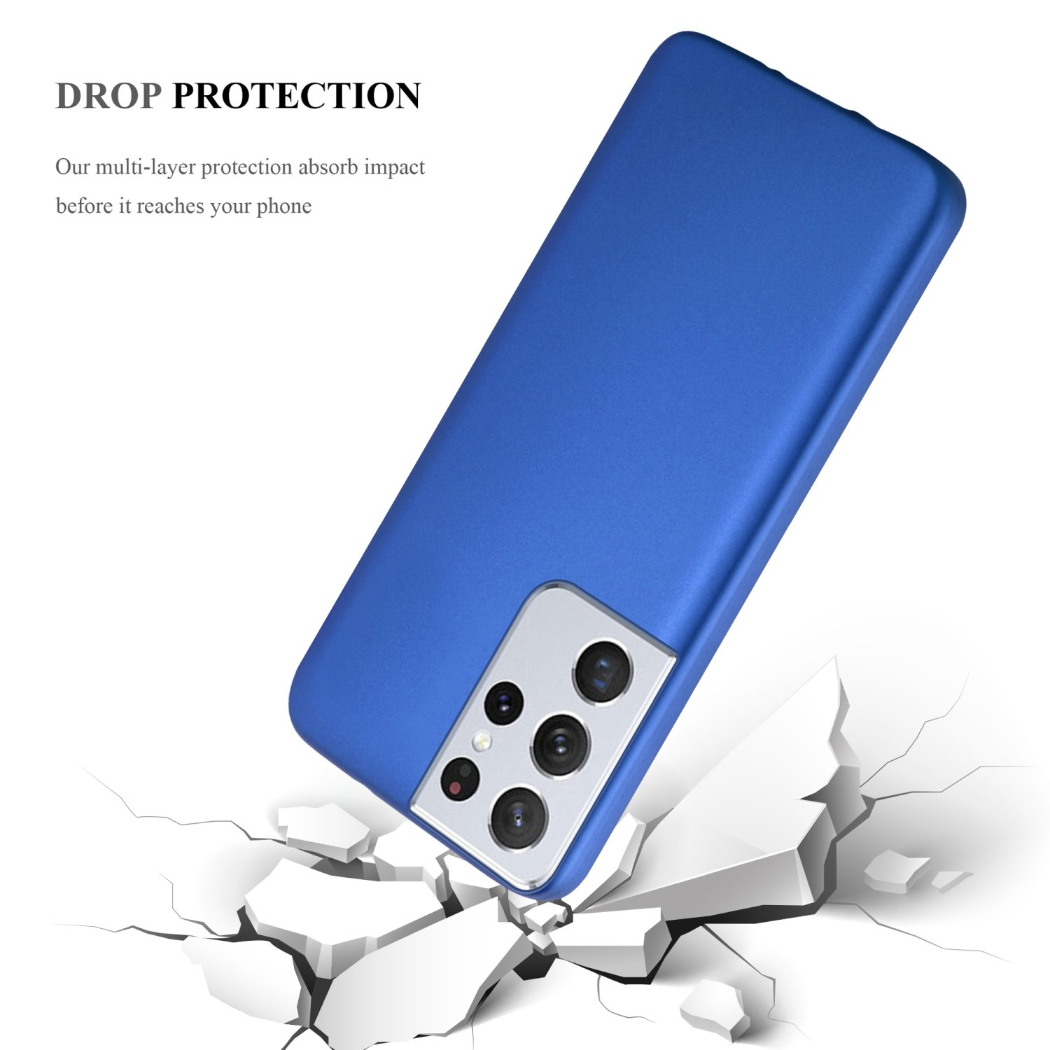 Custodia blu che cade, con terreno rotto sotto. Il telefono ha più fotocamere.