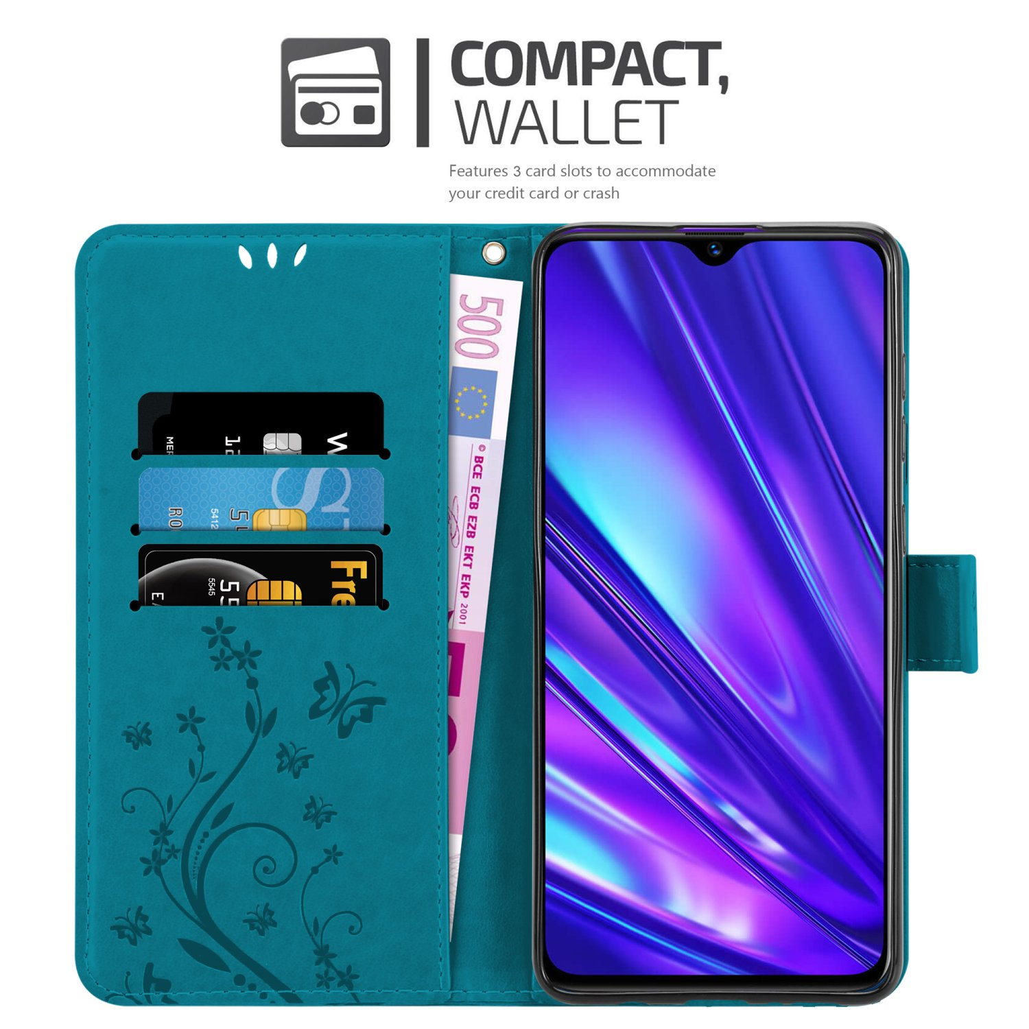 Custodia per telefono turchese aperta per rivelare un telefono e fessure per carte con carte e denaro. Schermo viola.