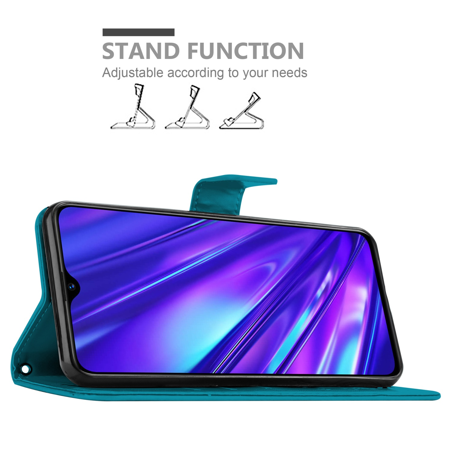 Custodia verde acqua con telefono nel supporto. Icone funzione supporto. Schermo blu.