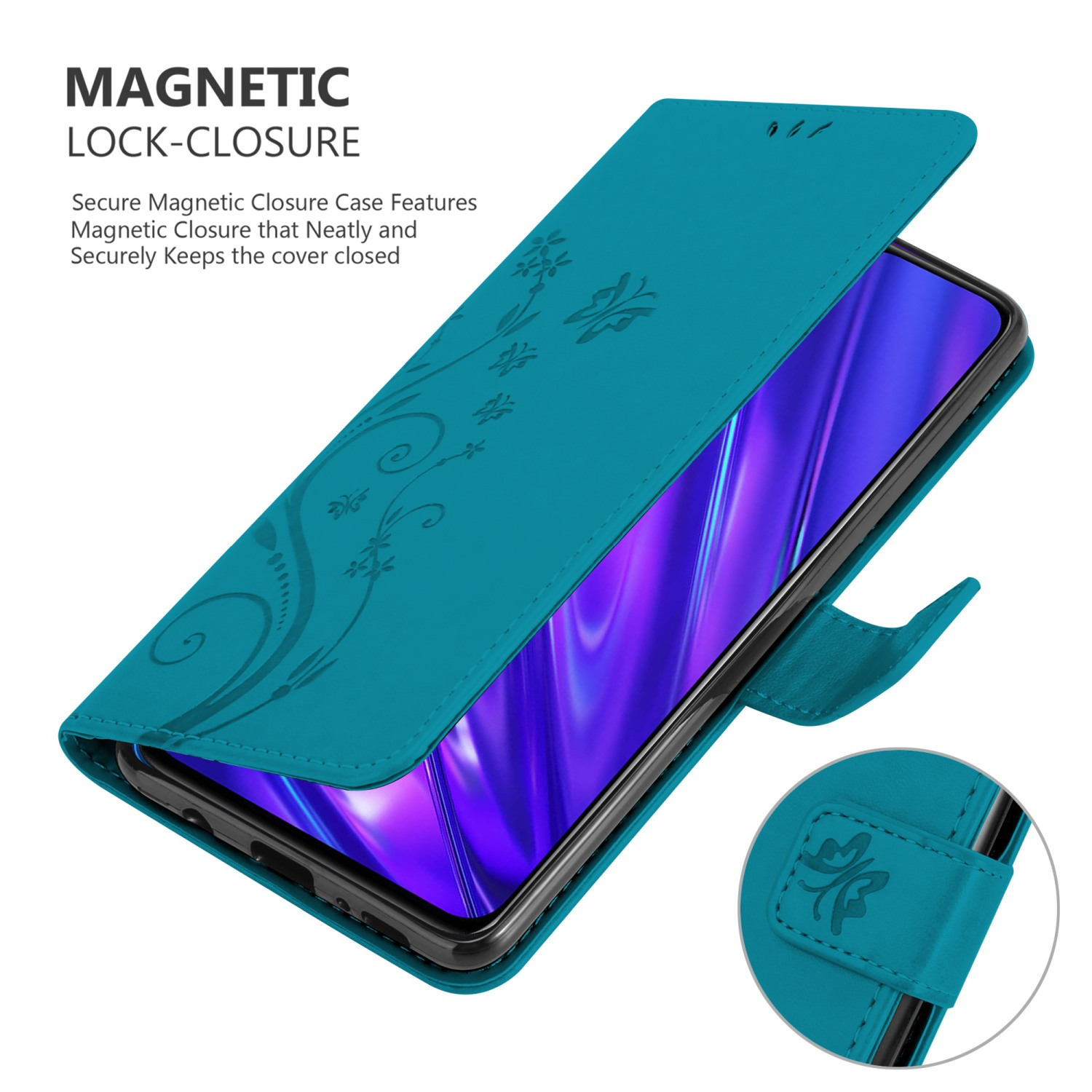 Custodia per telefono turchese aperta, mostra lo schermo. Design floreale e chiusura magnetica.