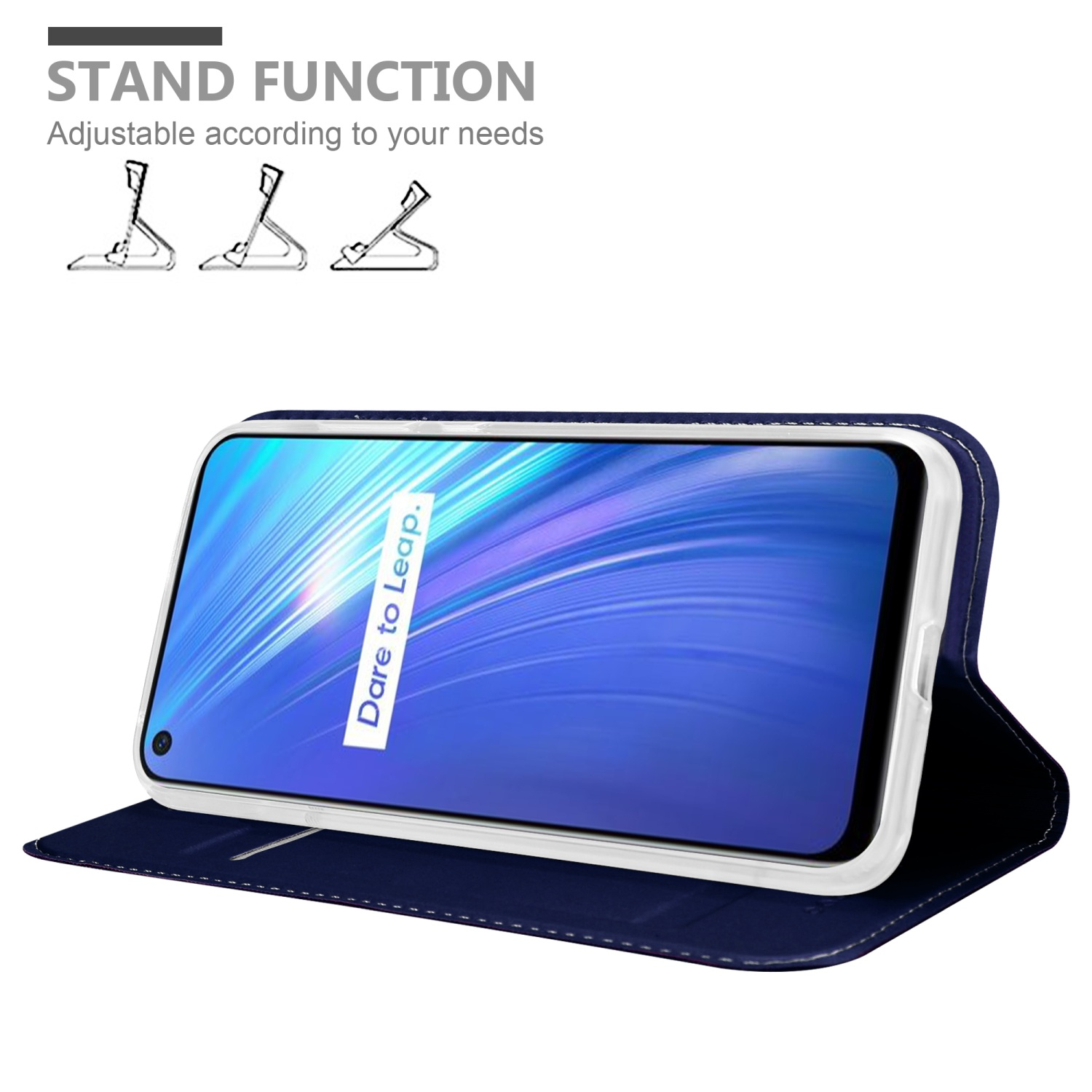 Custodia blu con telefono all'interno, in piedi. Diagrammi della funzione di supporto in alto.