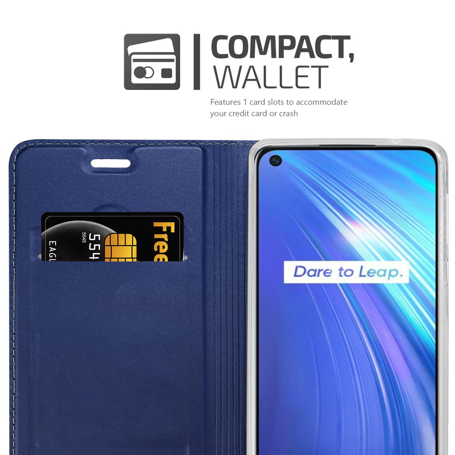 Custodia blu per telefono con fessura per carte di credito e schermo del telefono che mostra 'Dare to Leap'.