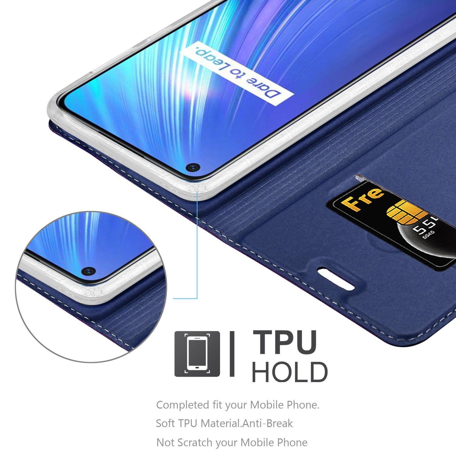 Una custodia per telefono con un telefono all'interno, con un ritaglio per la fotocamera e uno slot per schede con una SIM.