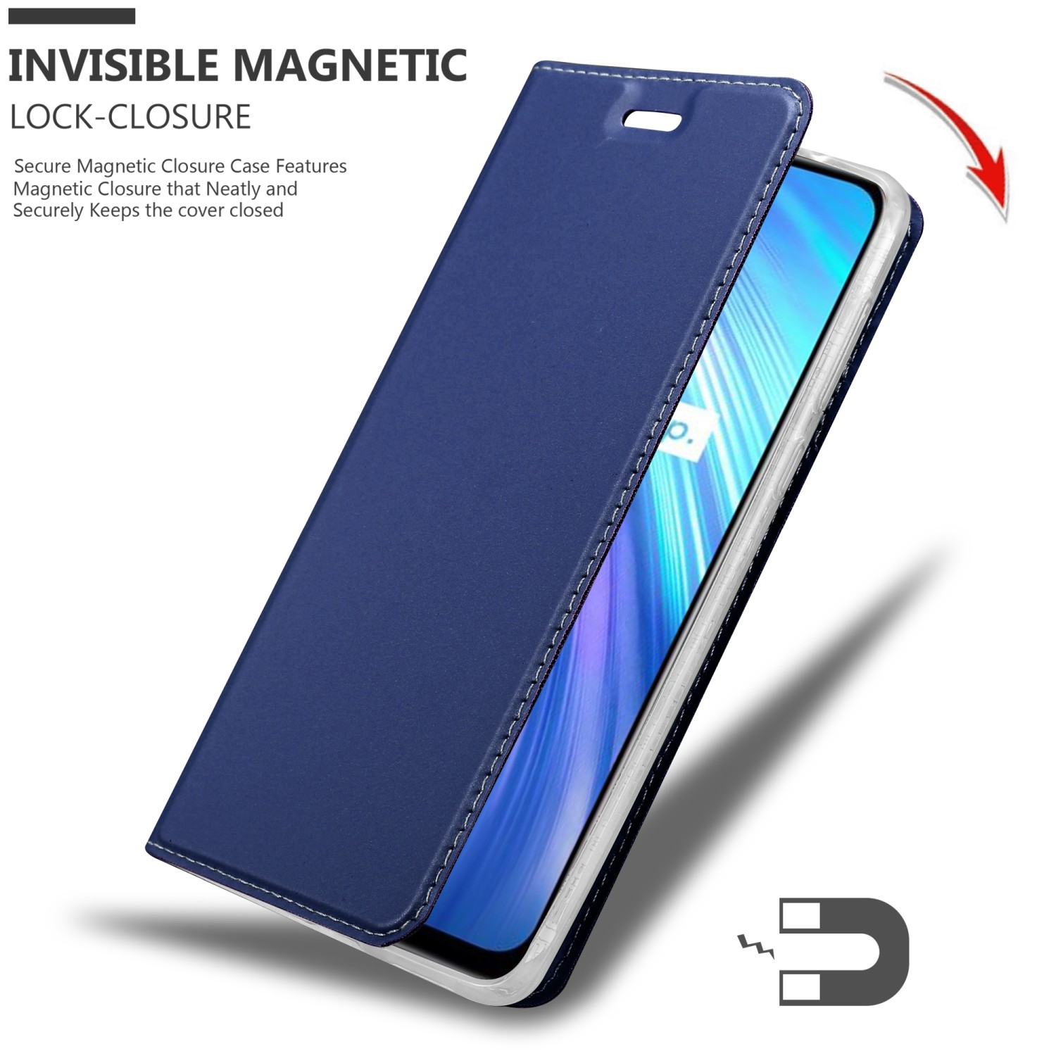 Custodia per telefono blu chiusa, con chiusura magnetica. Il telefono è all'interno della custodia.