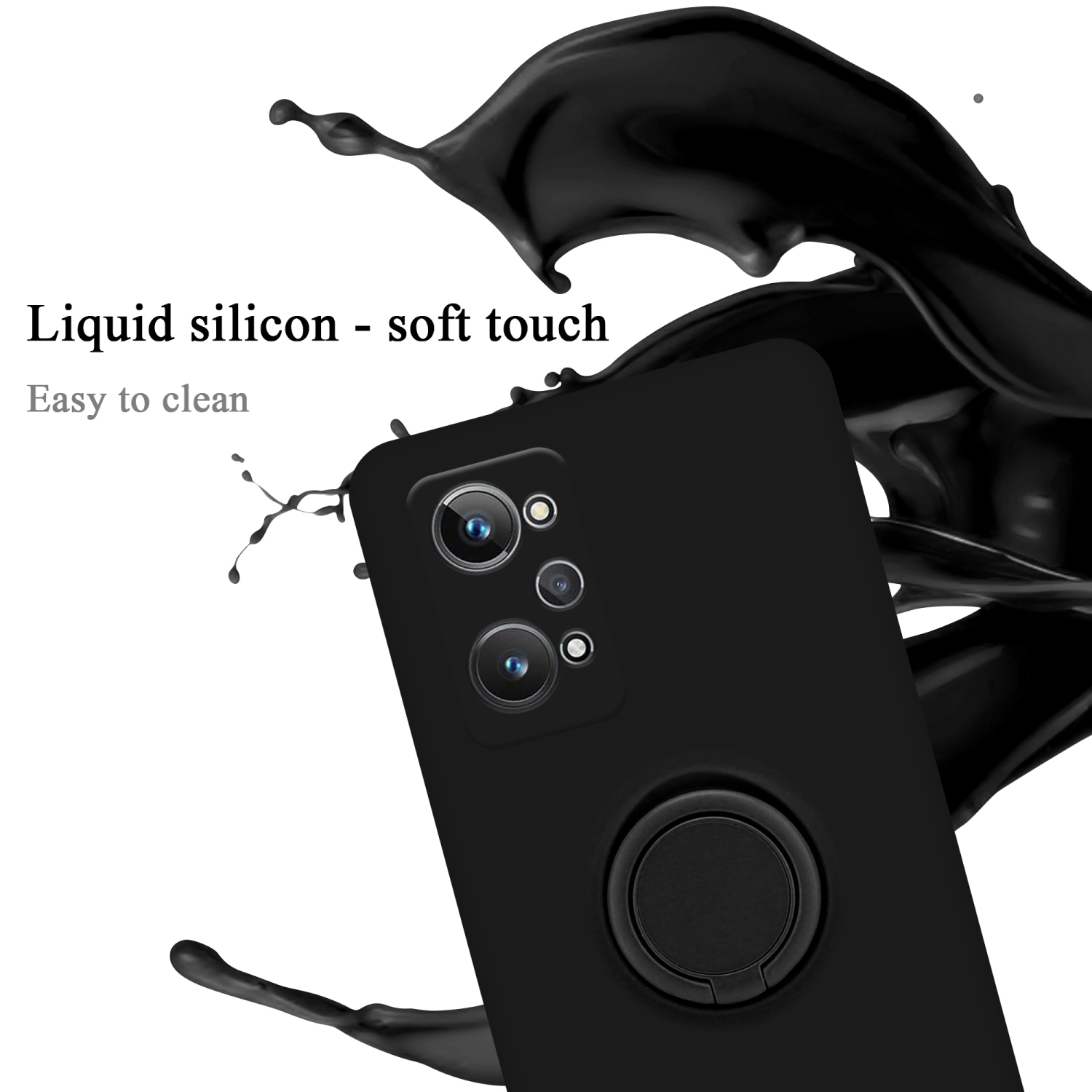 Una custodia per telefono nera con un anello e uno schizzo di liquido nero. Testo bianco: Silicone liquido - tocco morbido.