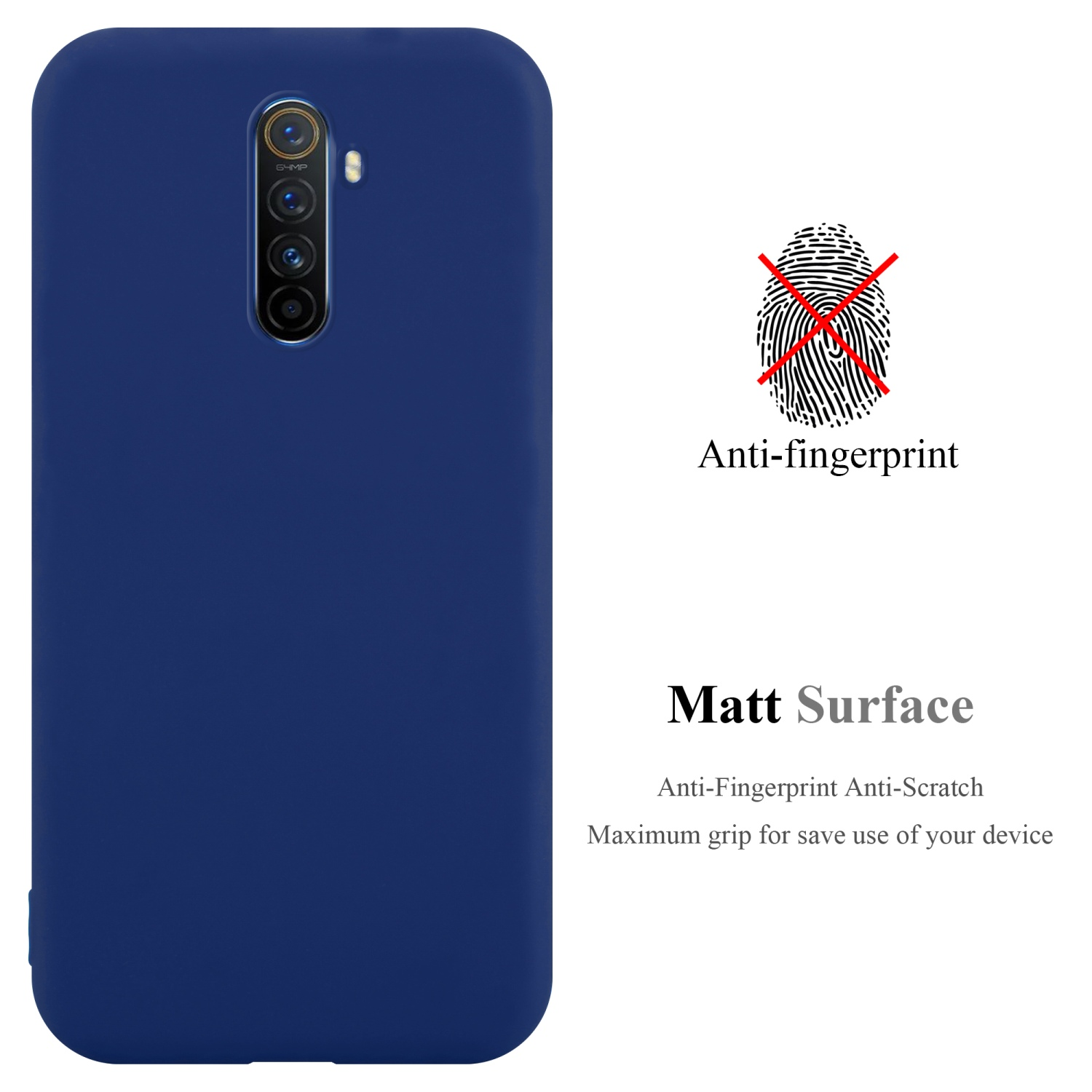 Custodia blu con telefono. Superficie anti-impronte.