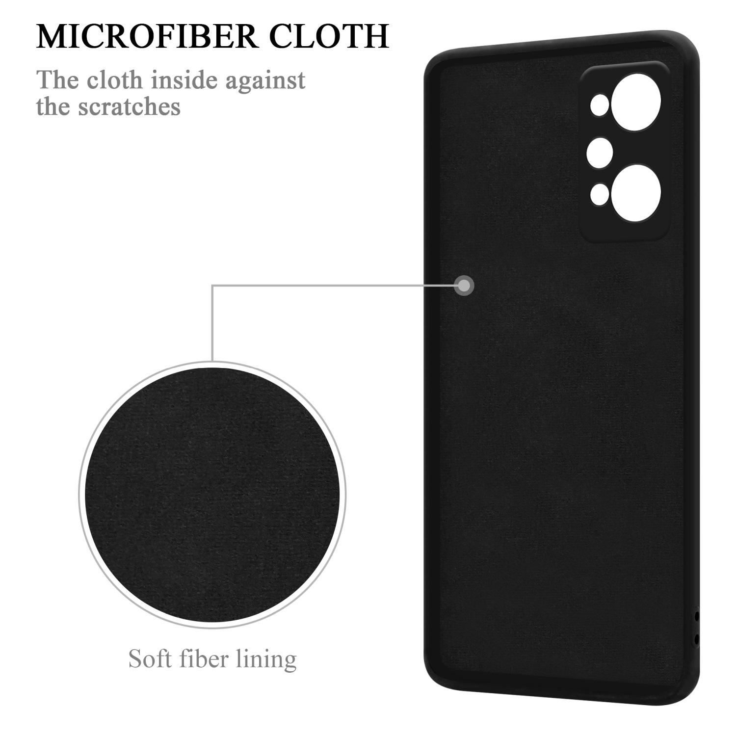 Custodia nera per telefono con fodera in microfibra. Un cerchio mostra la texture.
