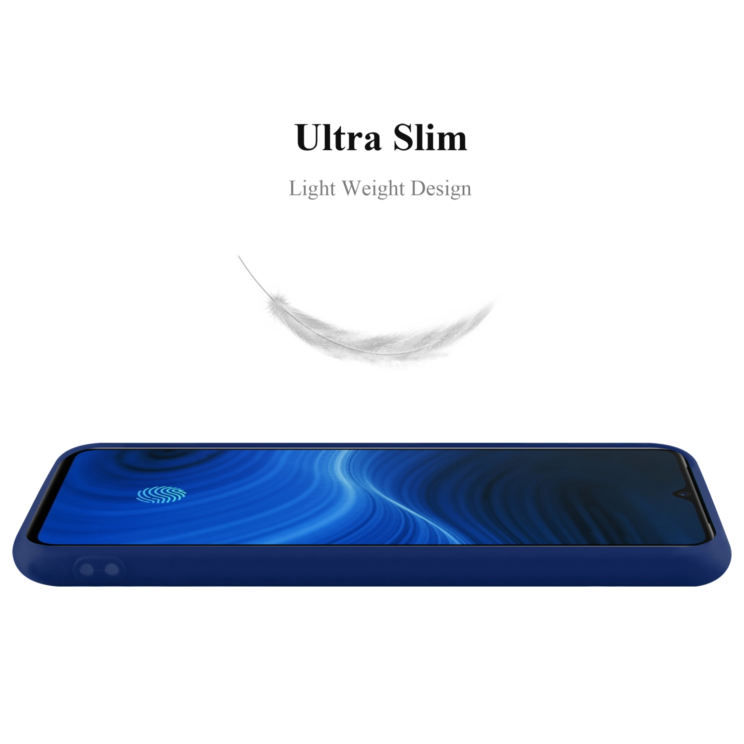 Custodia blu con piuma. Testo: 'Ultra Slim, Light Weight Design'.