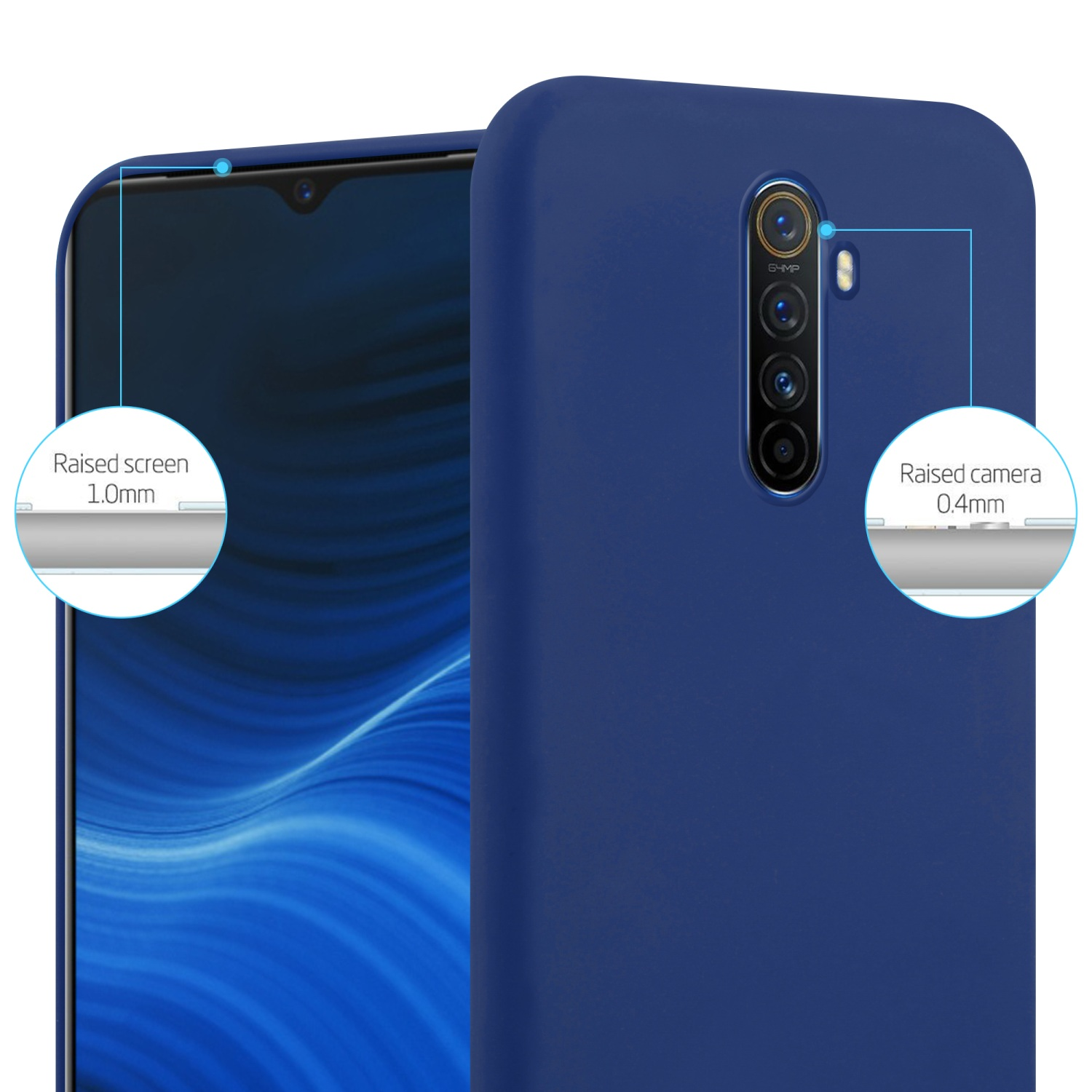 Telefono blu con custodia, dettagli schermo e fotocamera rialzati. Testo: Schermo e fotocamera rialzati.