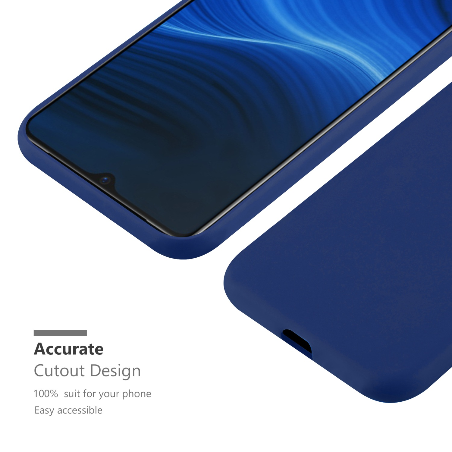 Custodia blu per telefono con un telefono all'interno. Lo schermo del telefono è visibile, mostrando uno sfondo blu.