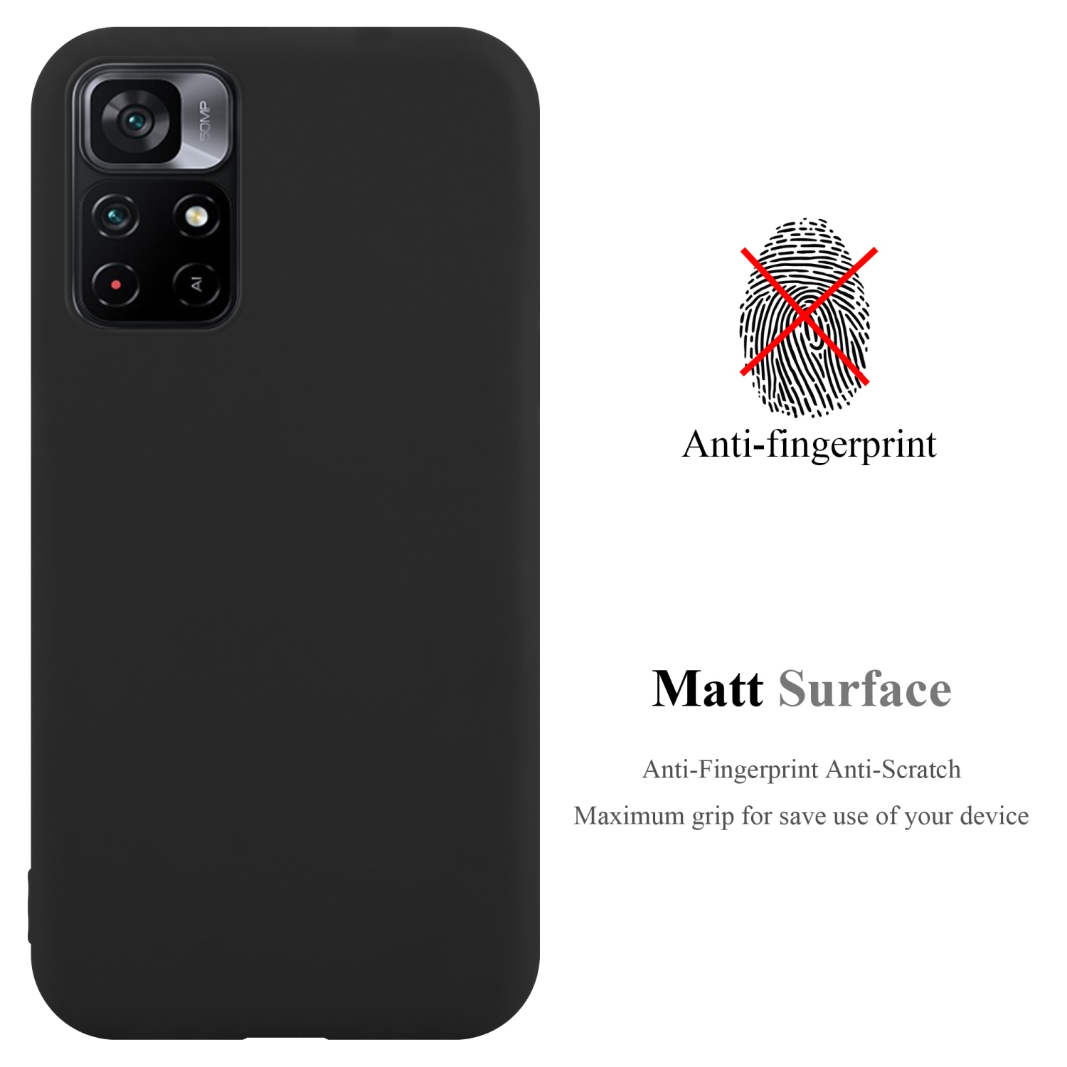 Schwarze Handyhülle mit Kamera. Anti-Fingerabdruck, mattes Oberflächendesign.