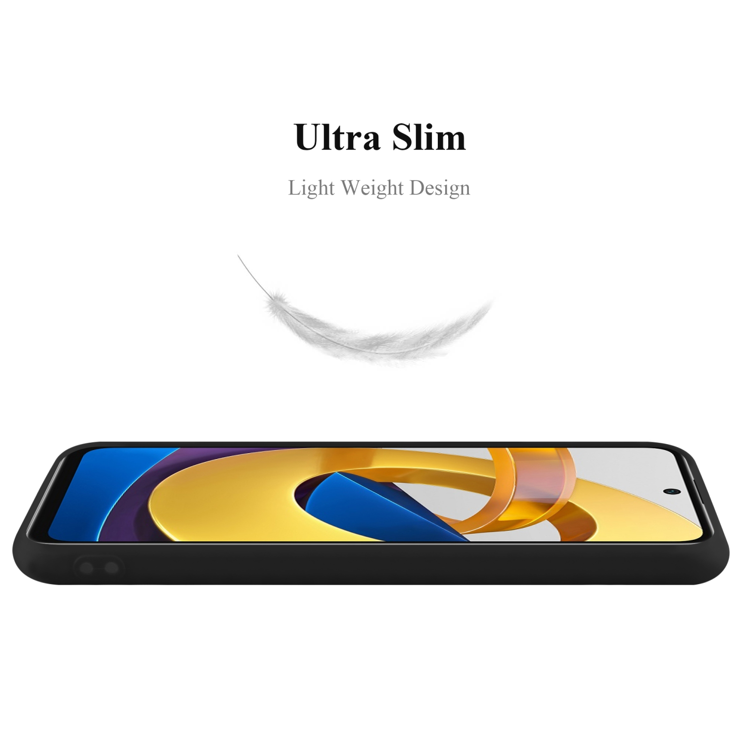 Eine schwarze Handyhülle mit einem Telefon darin. Eine weiße Feder schwebt über der Hülle.