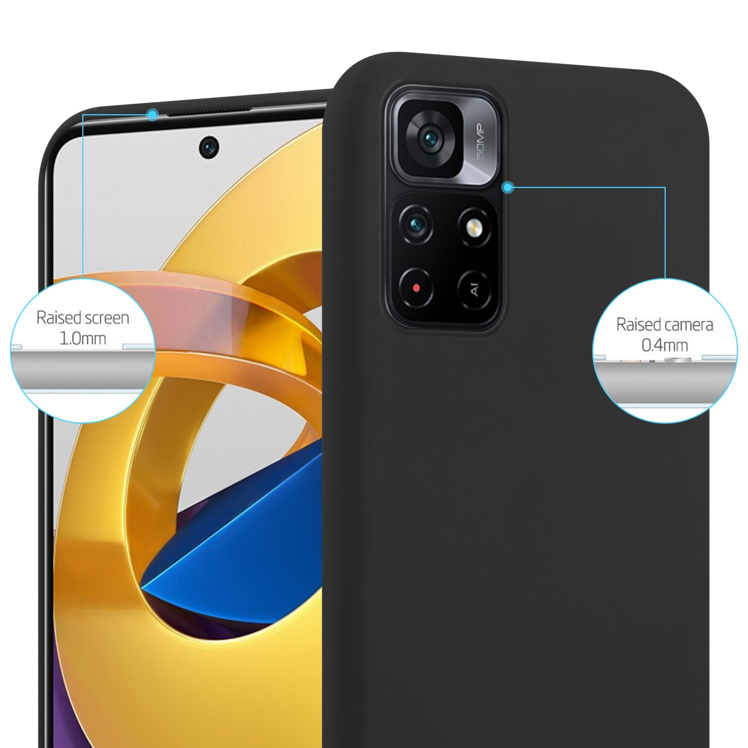 Eine schwarze Handyhülle mit Telefon. Das Telefon hat einen erhöhten Bildschirm und Kamera.