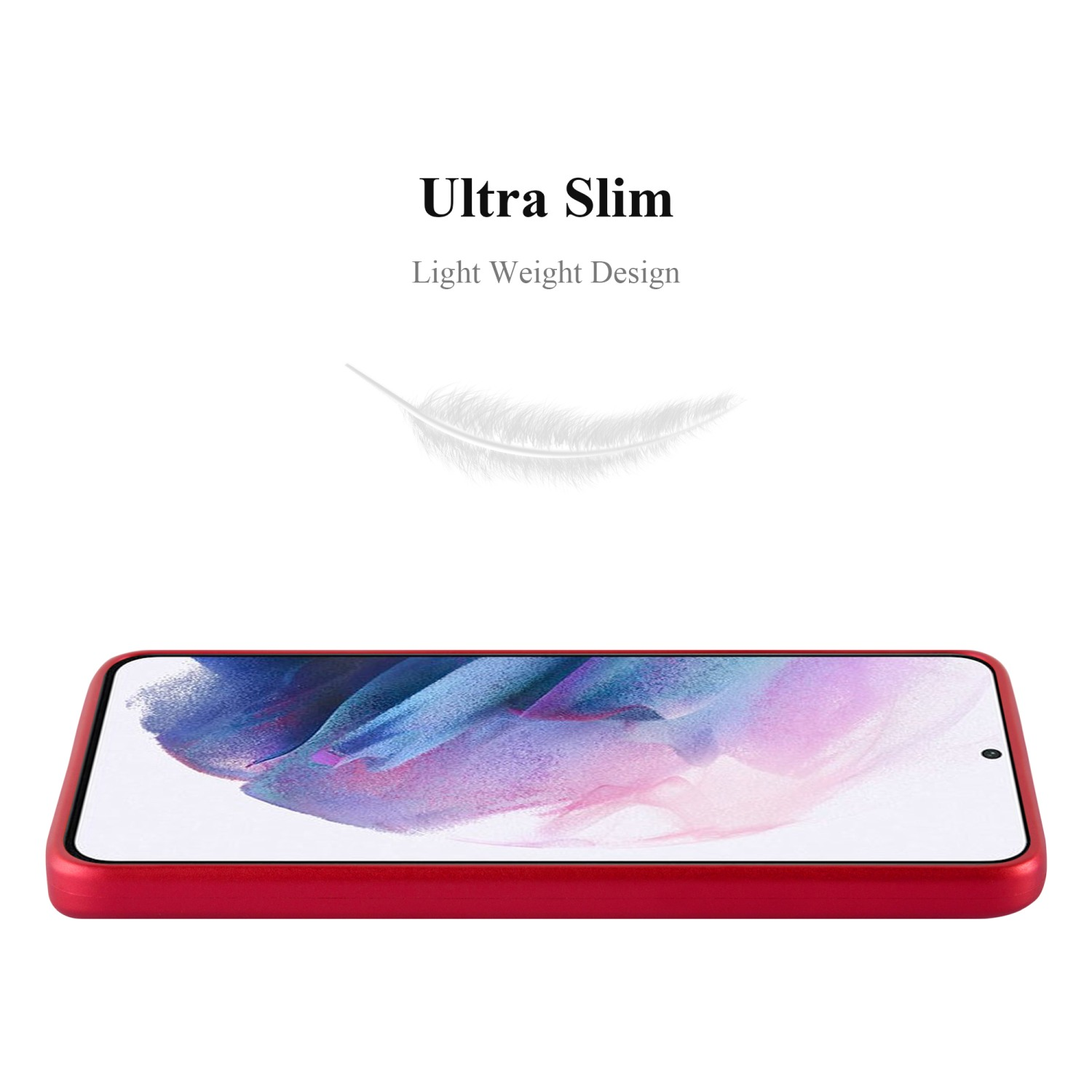 Rote Handyhülle auf weißem Grund. Text: Ultra Slim.