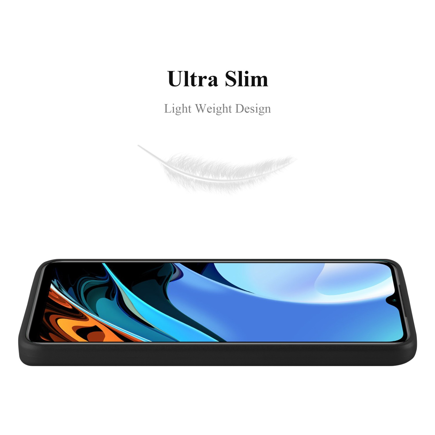 Funda de teléfono negra con teléfono dentro, pluma en el fondo, fondo blanco.