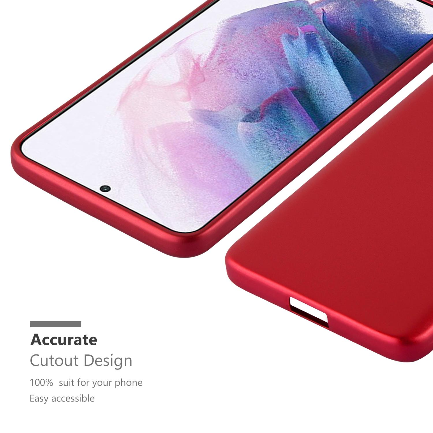 Rote Handyhülle mit Telefon, weißer Hintergrund.
