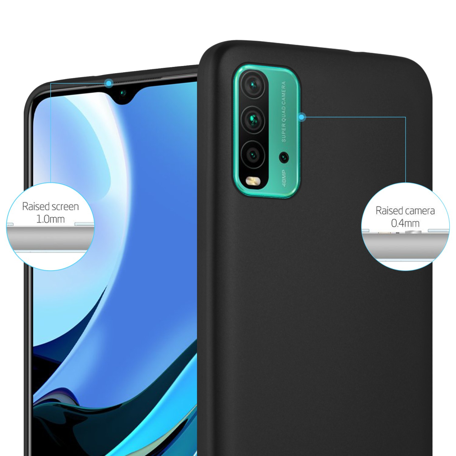 Funda negra para teléfono con protección de pantalla y cámara elevada. Diagramas muestran bordes elevados de 1,0 mm y 0,4 mm.
