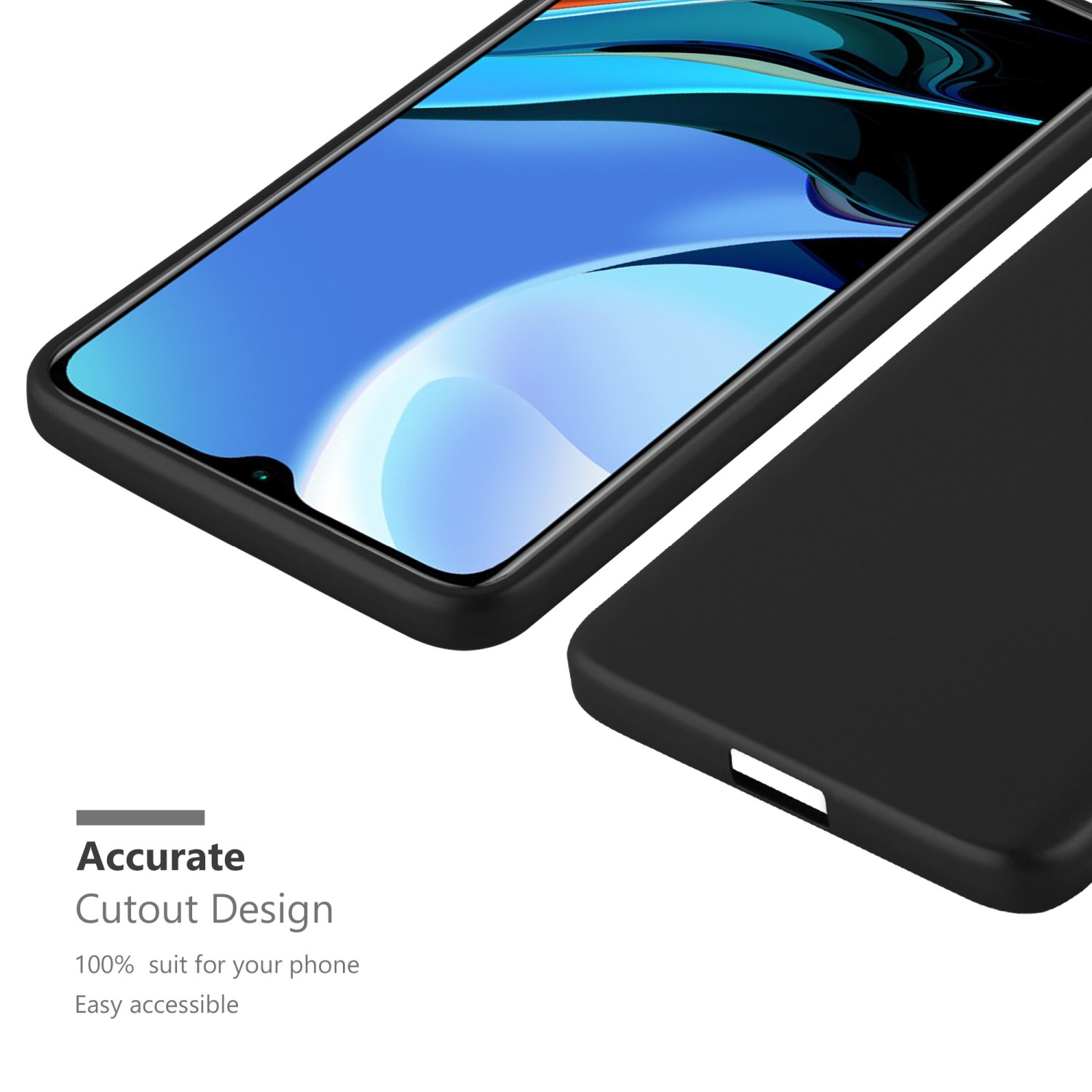 Funda negra con teléfono dentro. Fondo blanco. Diseño de corte preciso.