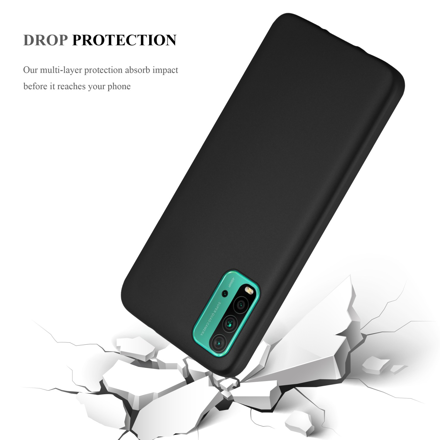 Una funda de teléfono negra sobre hormigón agrietado. La funda tiene un recorte de cámara y un anillo verde.