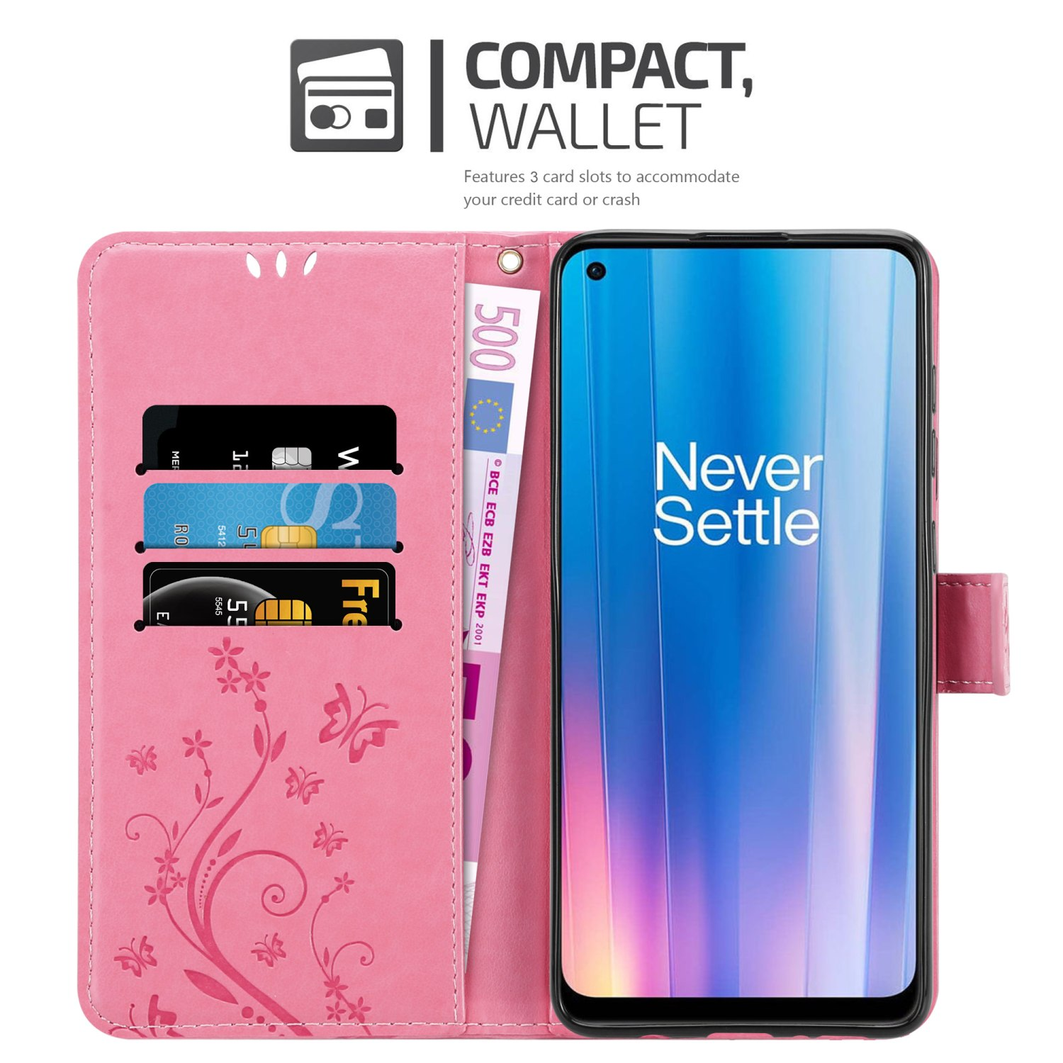 Un telefono all'interno di una custodia a portafoglio rosa con scomparti per carte e una fessura per i soldi. Lo sfondo è bianco.