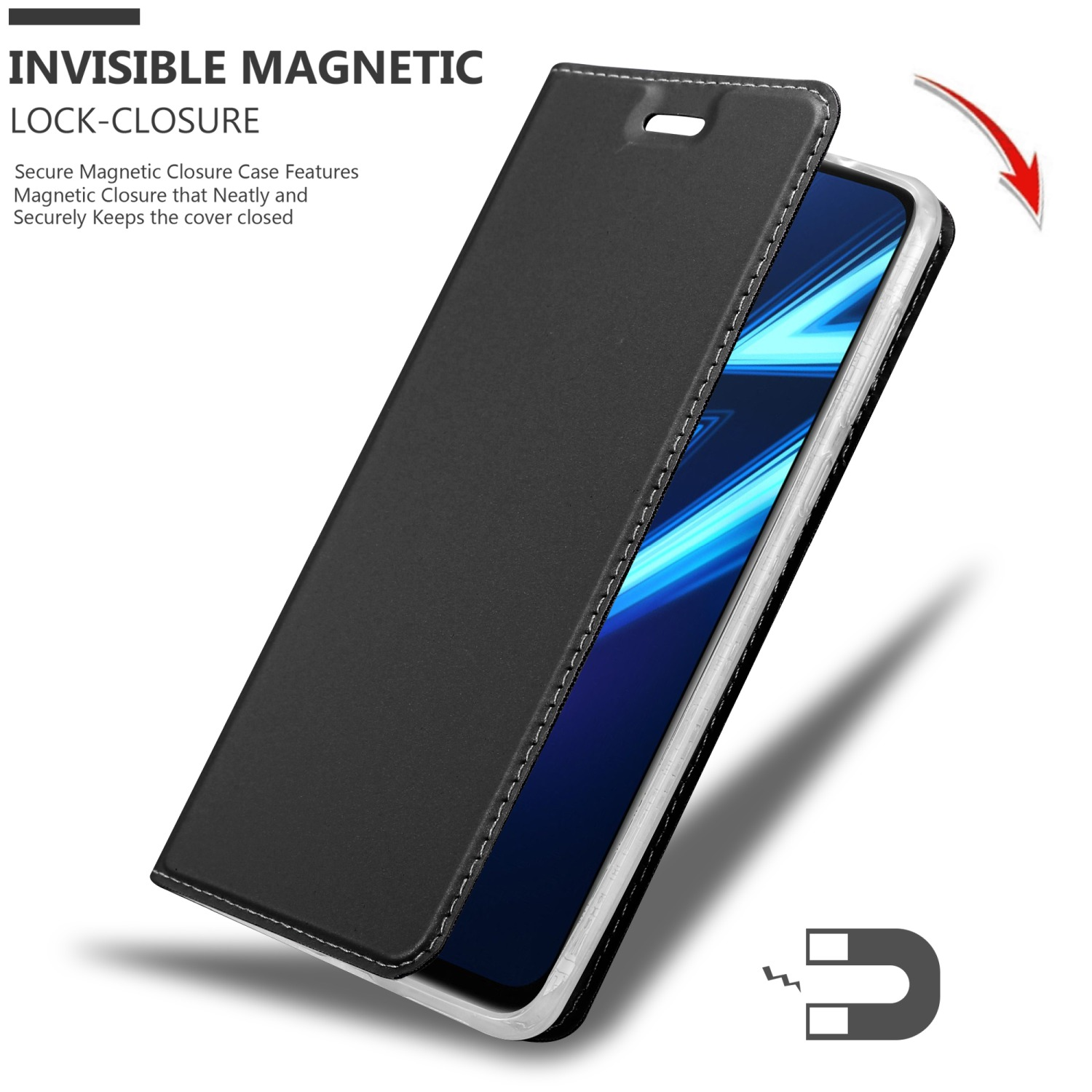 Una custodia nera aperta, che mostra un telefono all'interno. Chiusura magnetica visibile.
