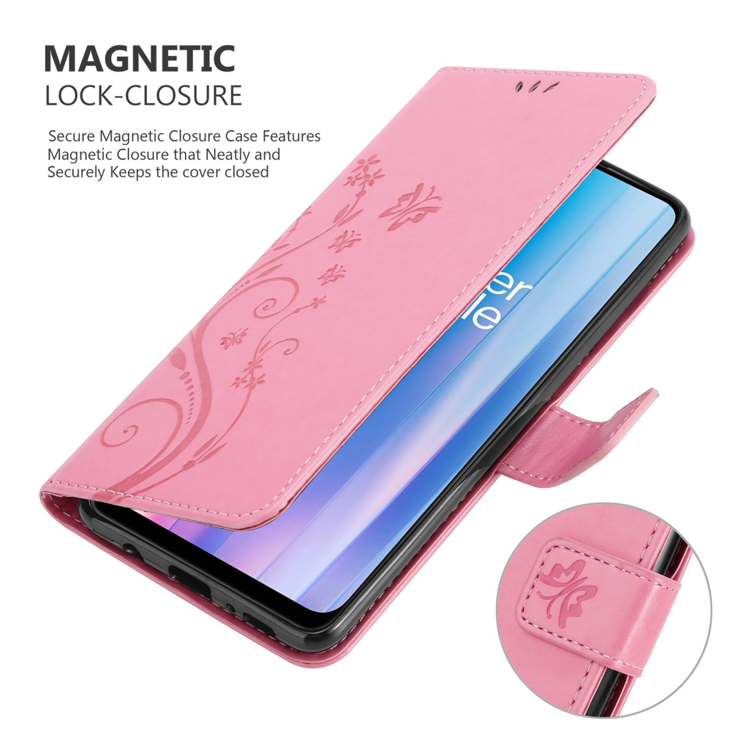 Custodia rosa per telefono aperta con telefono. Design floreale e chiusura magnetica visibili.